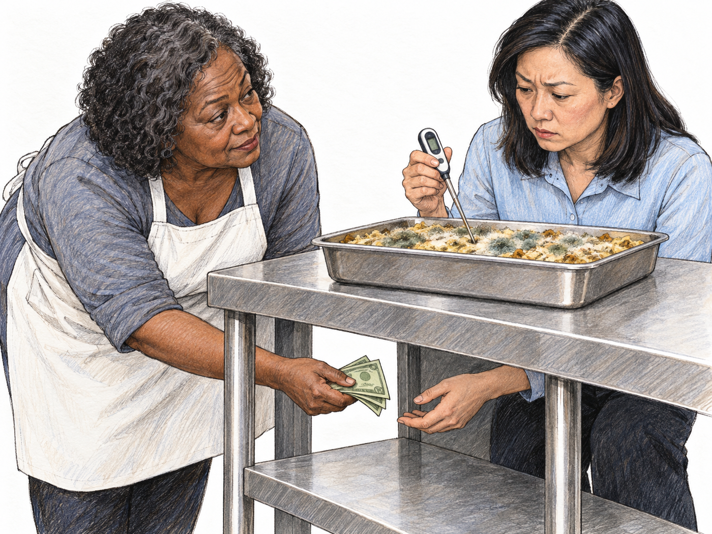 A restaurant owner covertly offers cash to a food inspector beneath a preparation counter while the inspector examines visibly spoiled food above it.