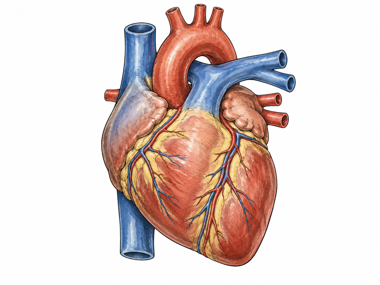 Educational anatomical model of heart with major vessels, clean no blood.