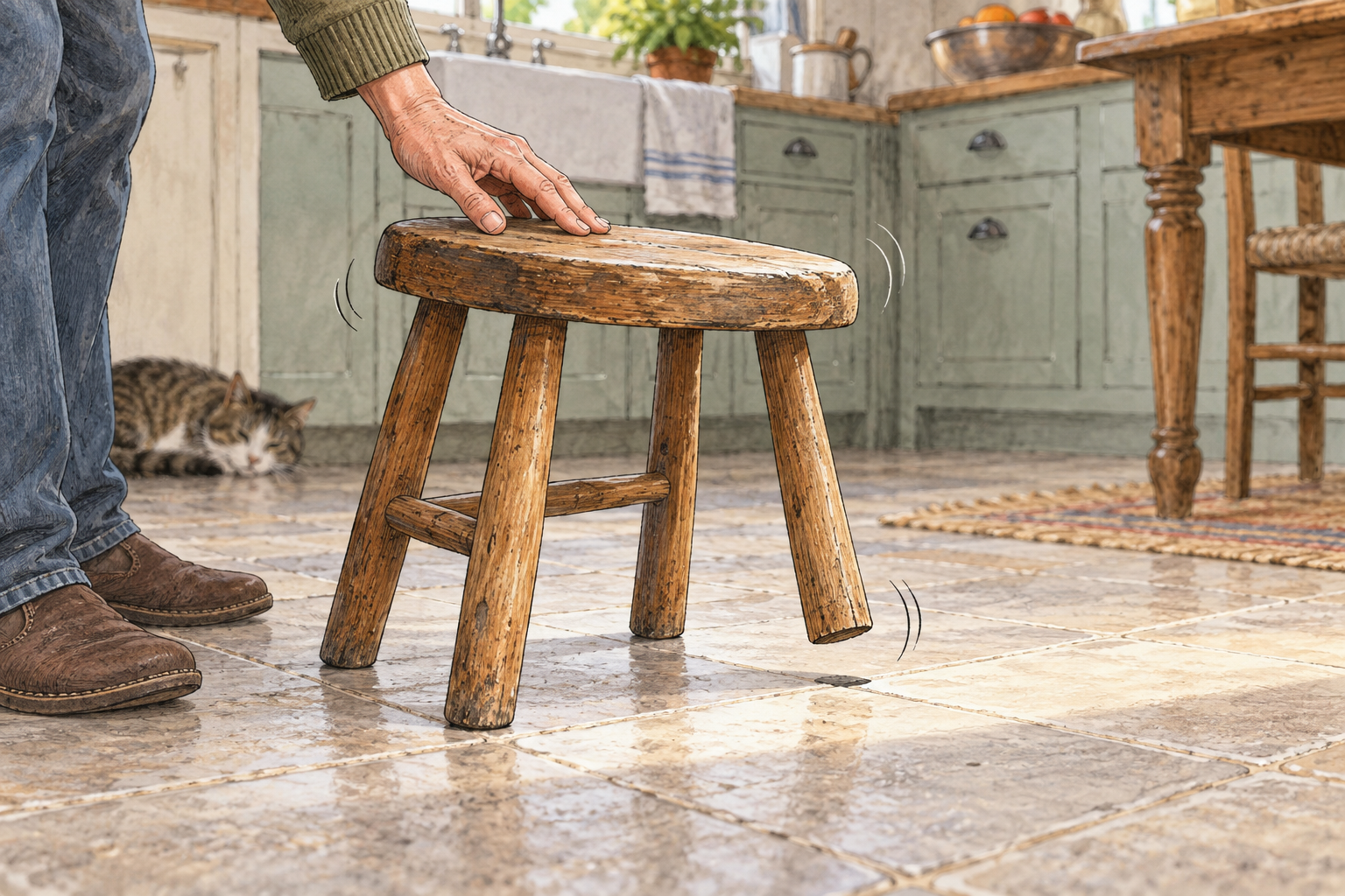 A small wooden stool with one short uneven leg rocks precariously on a flat kitchen floor, three legs touching and the fourth visibly above floor, a person's hand gently testing its unstable seat.