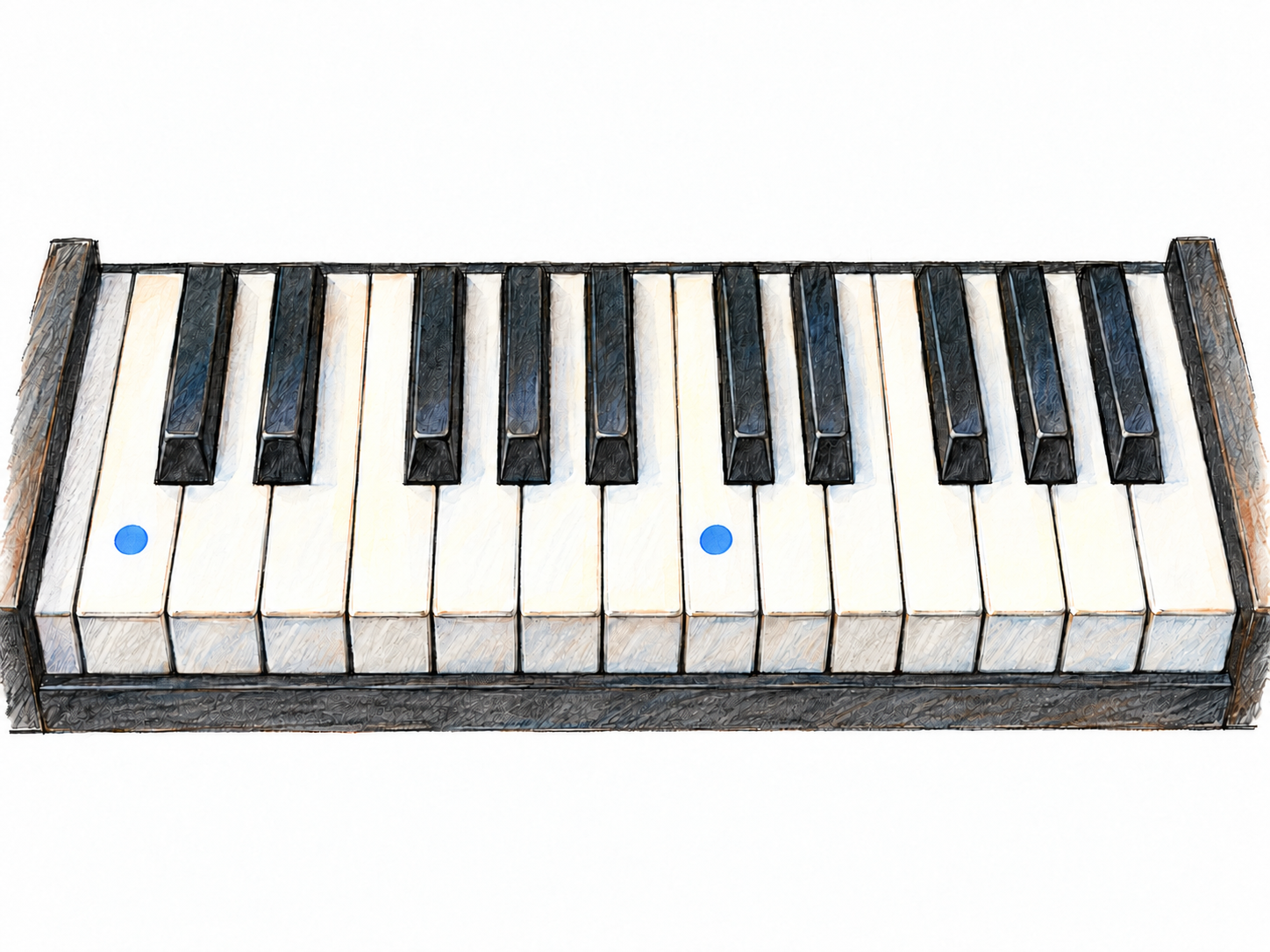 A close-up of a piano keyboard with two C keys one octave apart marked by matching small blue dots.