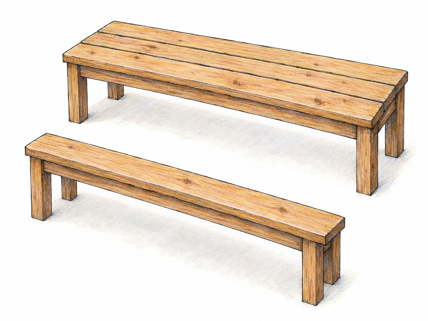 A very slim wooden bench beside a broad wooden bench of the same length and height, with aligned ends and matching construction so their contrasting side-to-side widths are immediately apparent.