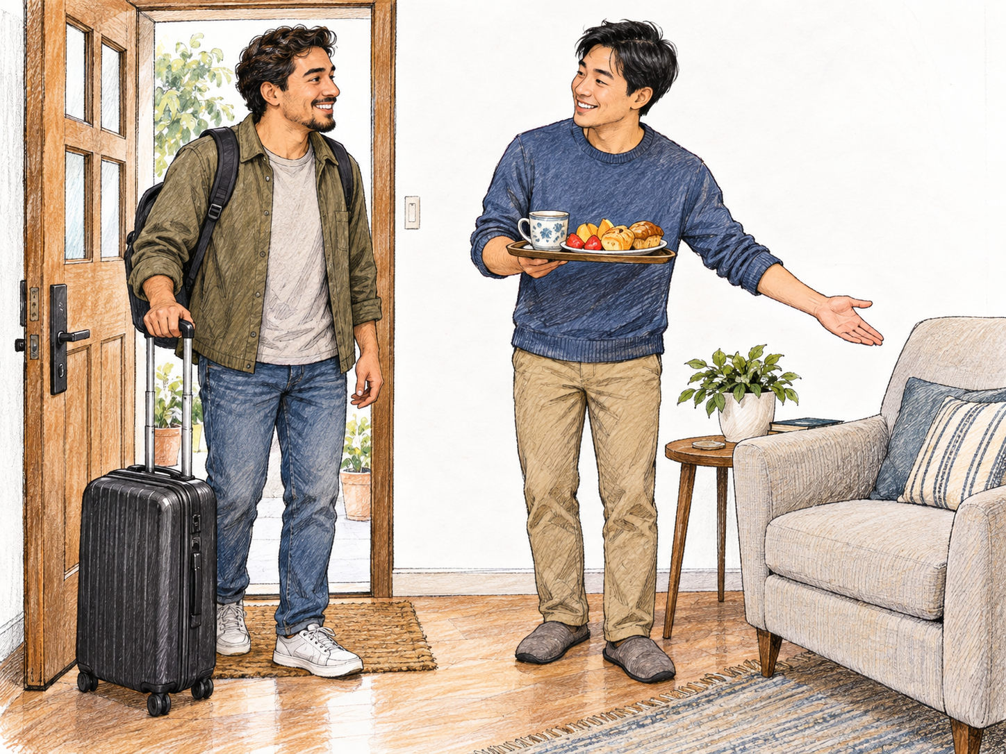 A smiling host welcomes a travel-worn visitor into his home, offering a tray of refreshments and gesturing toward a comfortable chair.