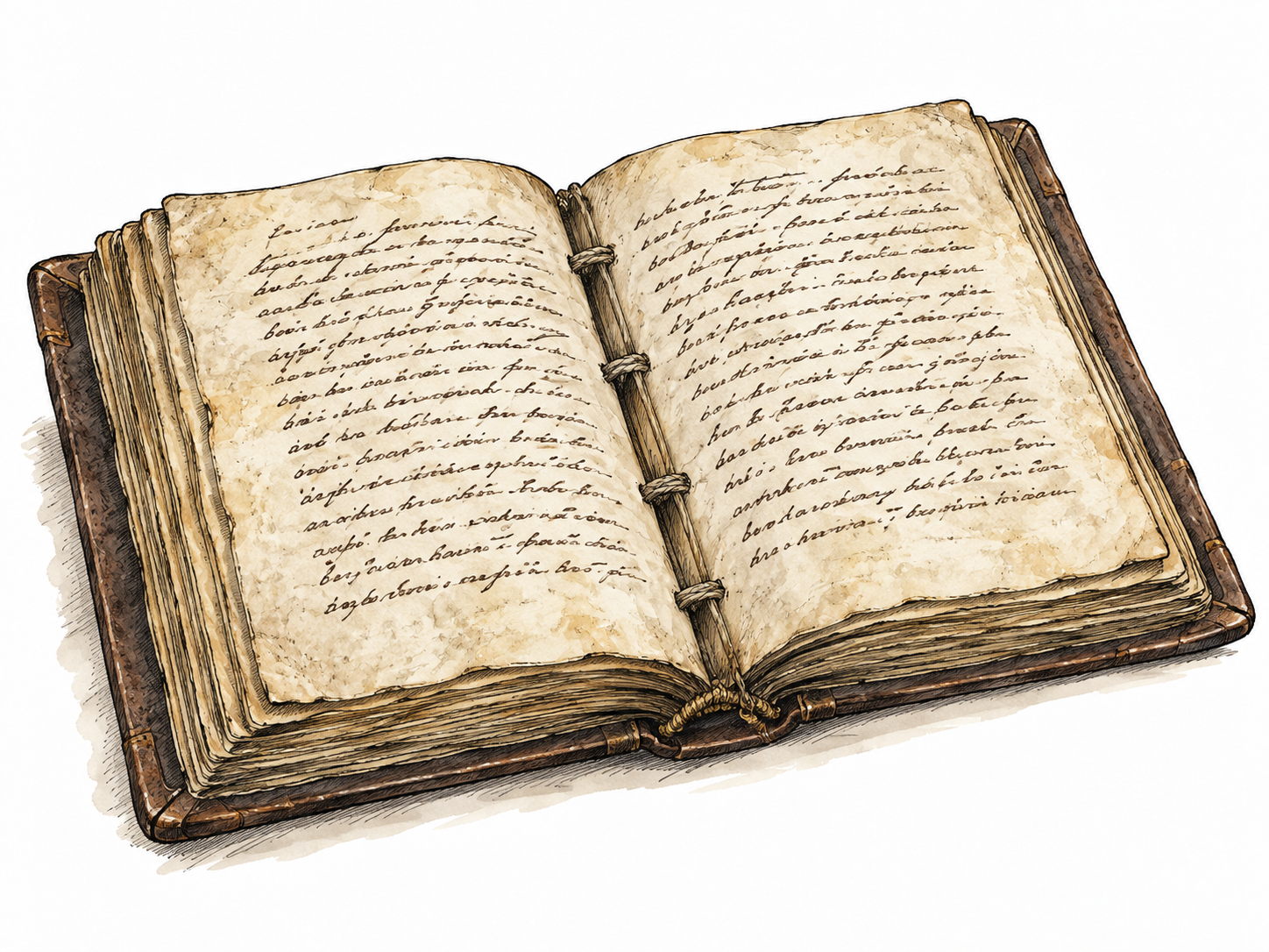Ancient bound manuscript open with handwritten pages.
