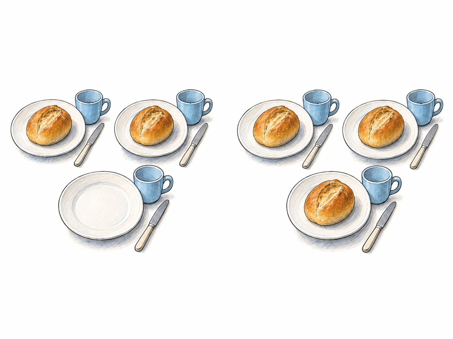 A compact comparison shows three breakfast plates with only two bread rolls, then the same three plates with a roll for every plate: enough rolls for all three settings.
