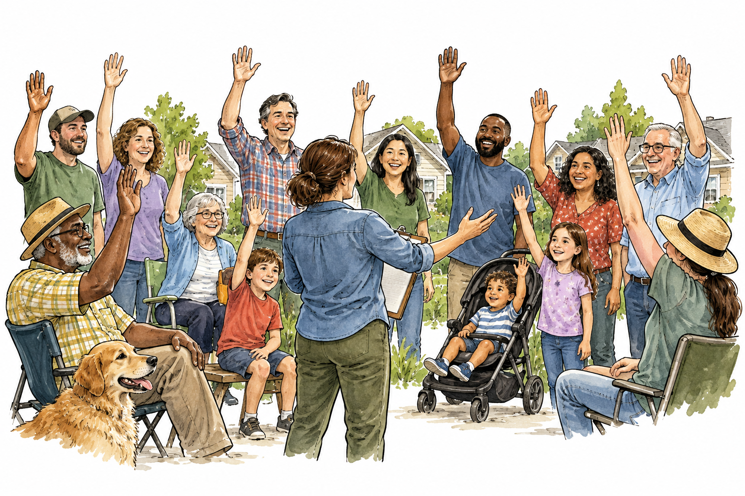 A neighborhood gathering showing most households collectively agree by raised hands, wide participation.