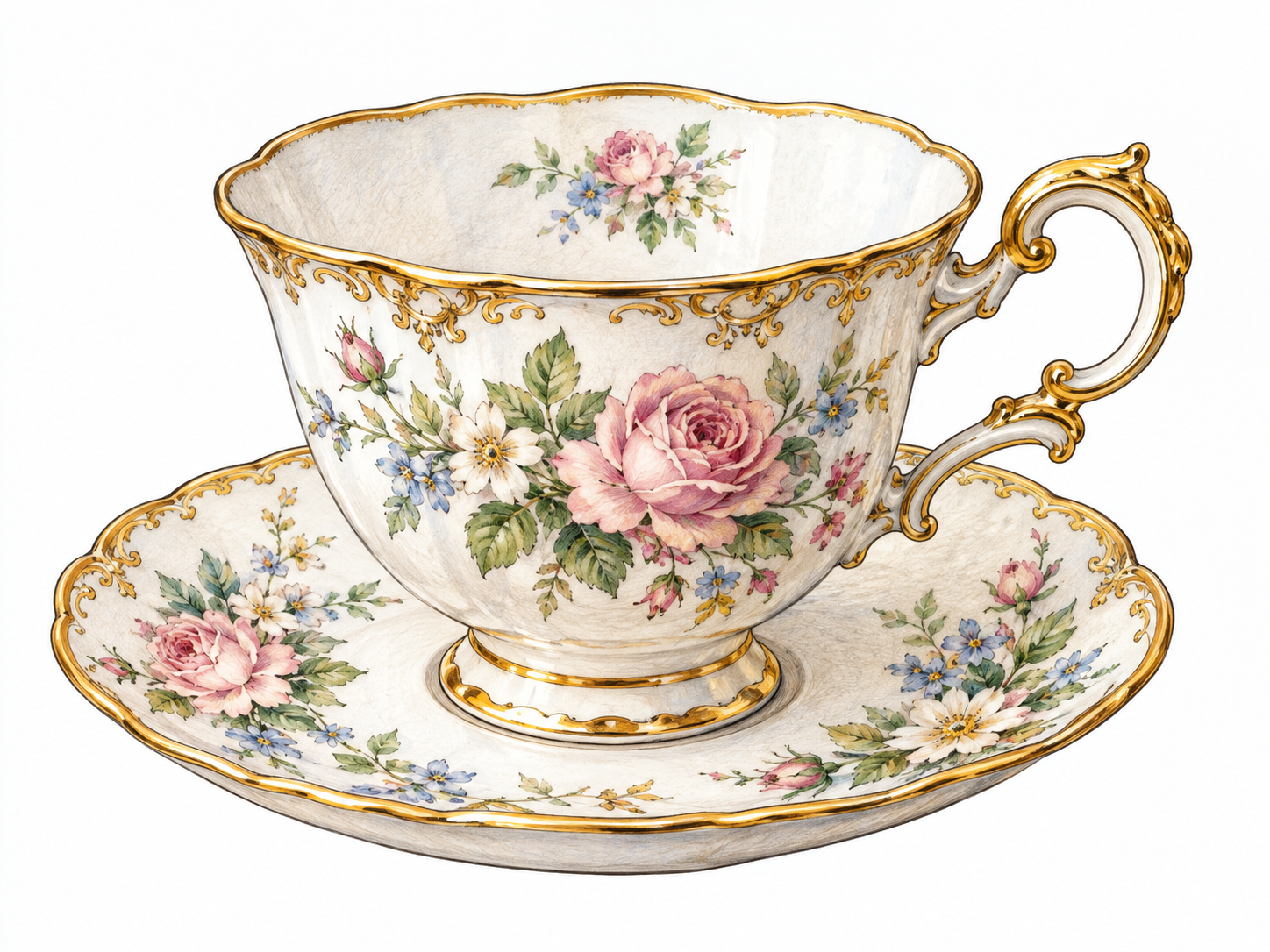 One ornate porcelain teacup and saucer with delicate floral decoration, gilded rim and elaborate curved handle, isolated elegant object, no lettering.