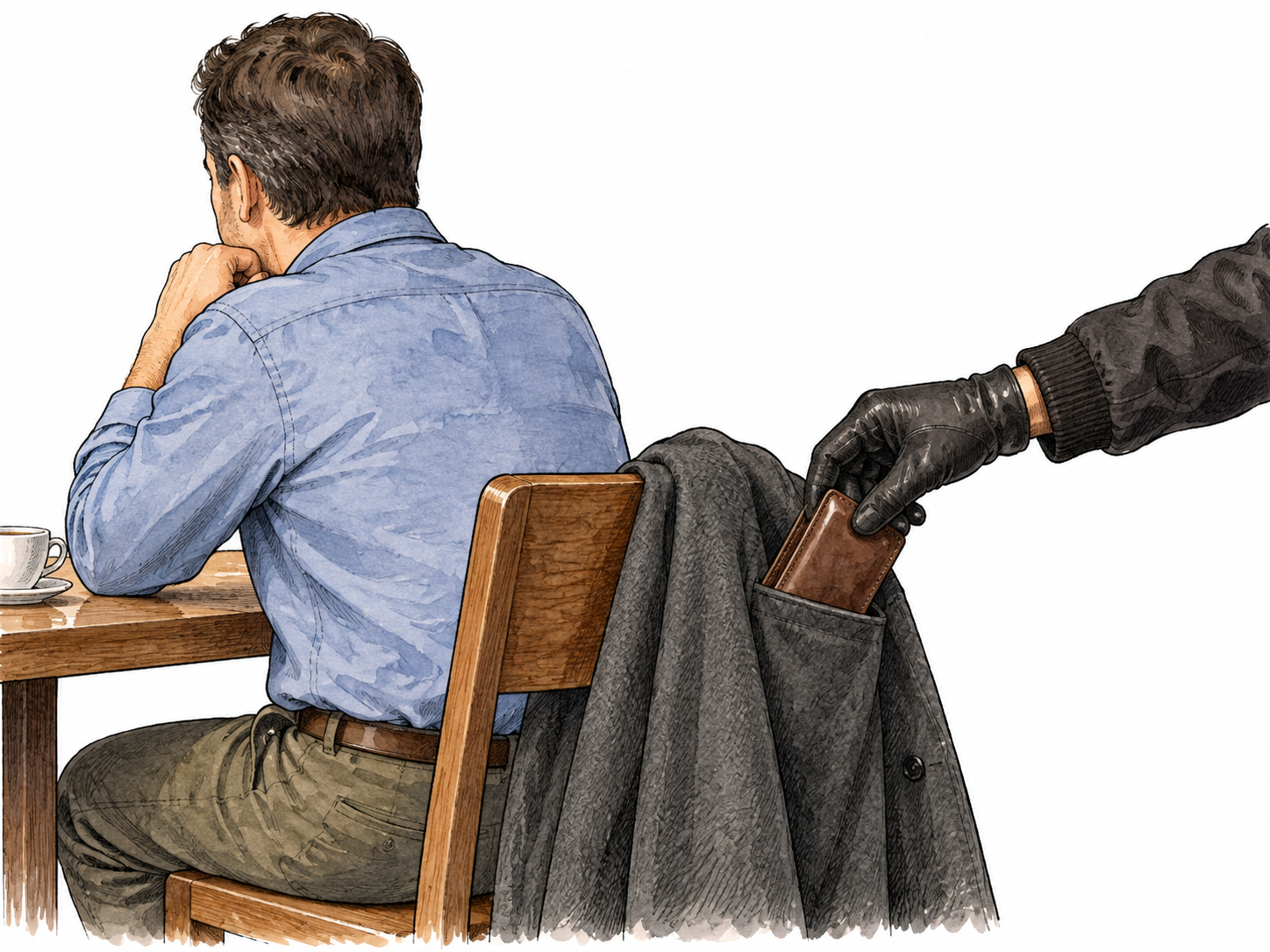 A gloved hand steals a wallet from a coat on a chair while its owner is turned away.
