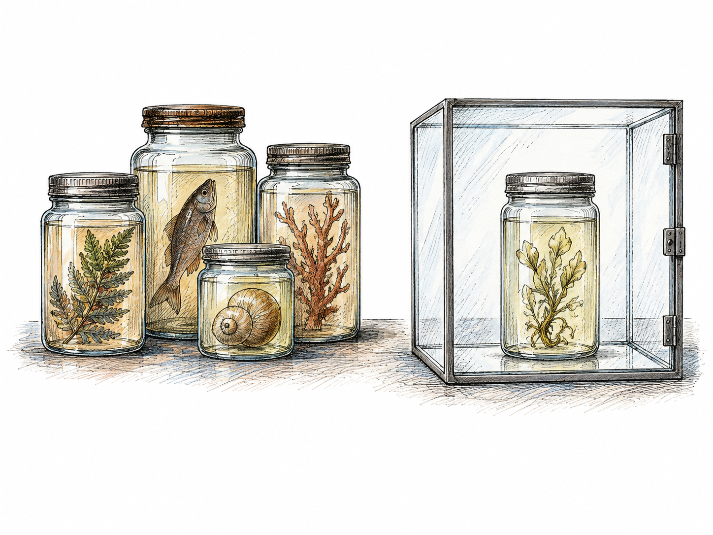 One laboratory specimen jar is deliberately separated inside a clear closed compartment while other jars sit together outside; isolation clearly physical, no labels or biohazard symbol.
