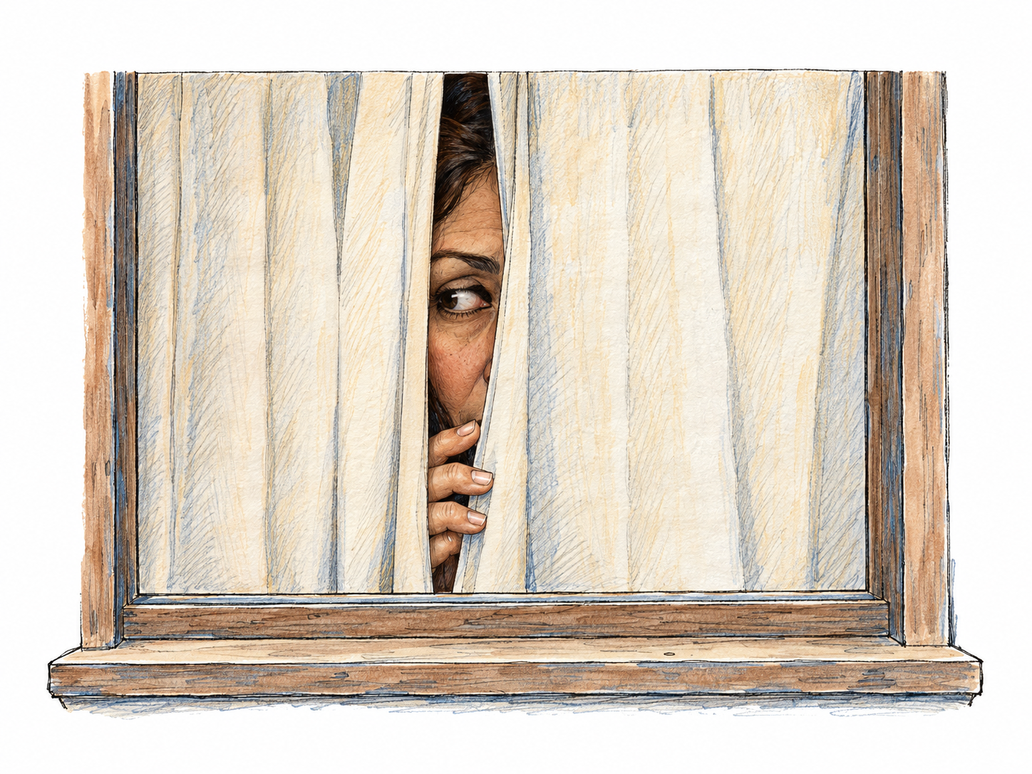 A woman secretly peeps through a narrow gap between curtains, keeping almost her entire face and body concealed while one eye looks outside.