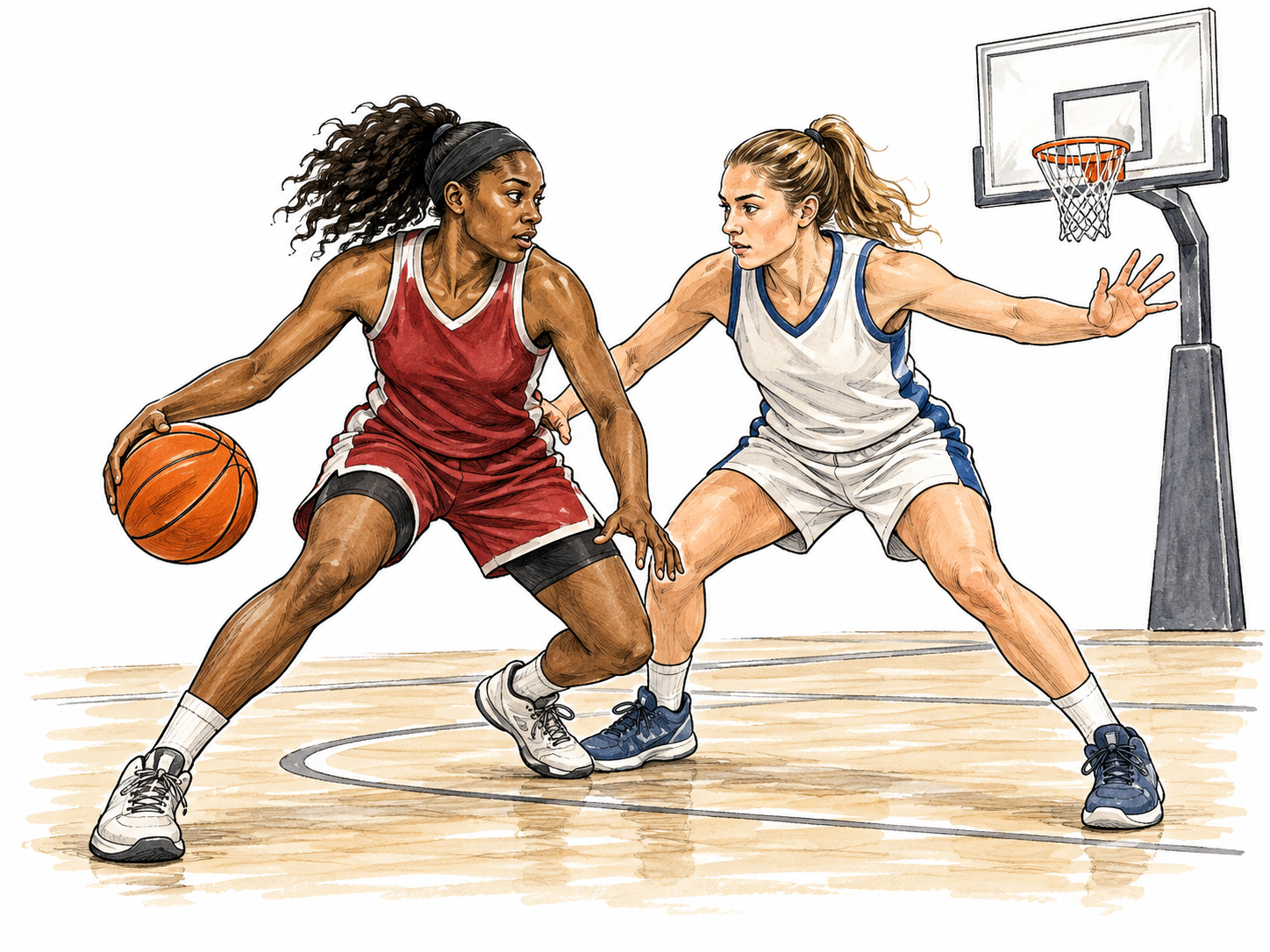 Two adult basketball players compete on a plain court, one dribbling and the other defending, coherent ball position and hoop, team sports action without jersey numbers or logos.