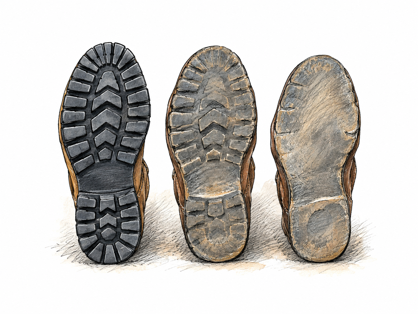 Pair of heavily worn shoe soles beside fresh matching sole, gradual loss of tread obvious; no brand marks or text.