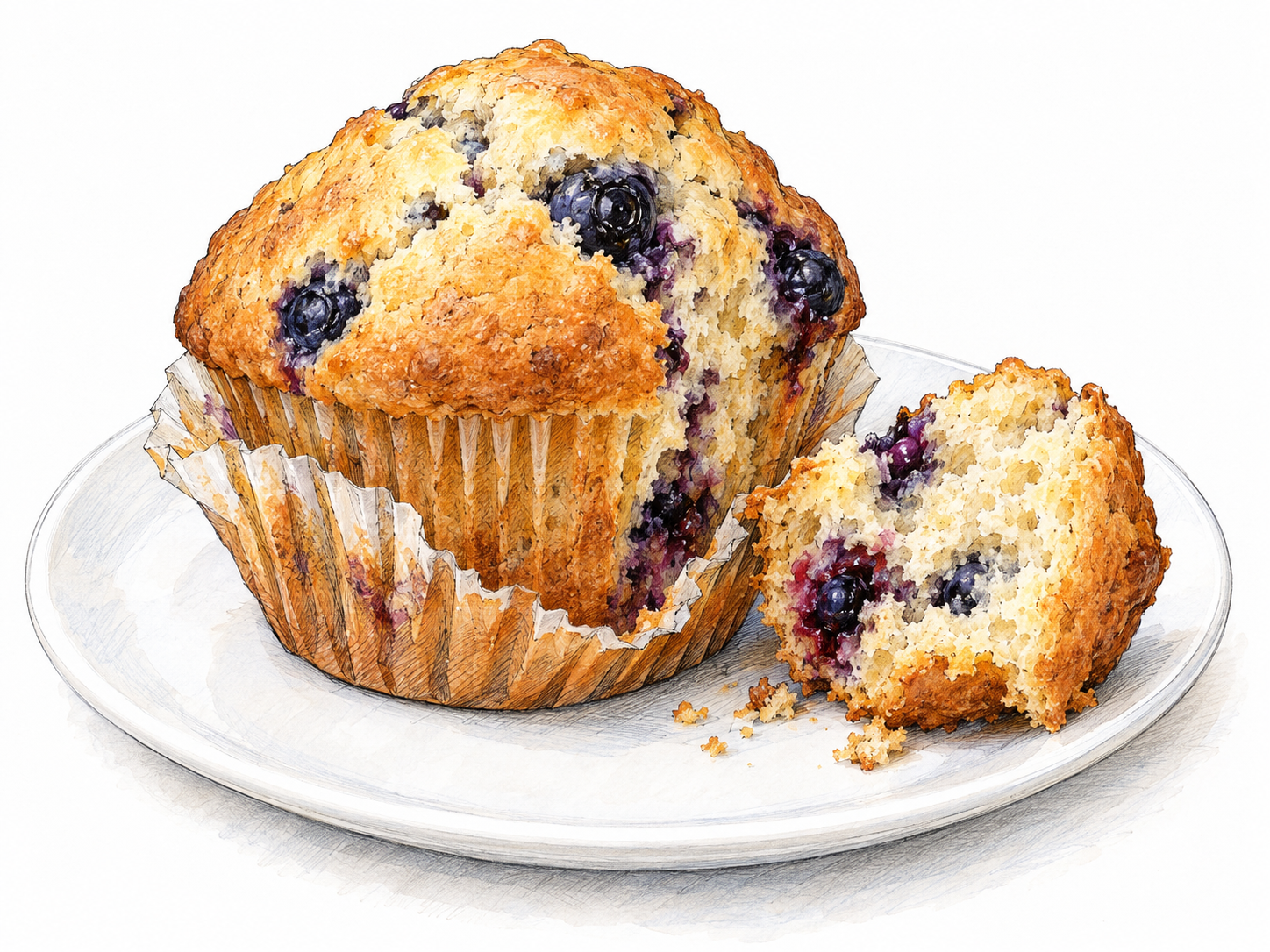 A golden blueberry muffin with a rounded, cracked crown and a partly peeled paper liner, split open to reveal tender cake-like crumb and baked berries.
