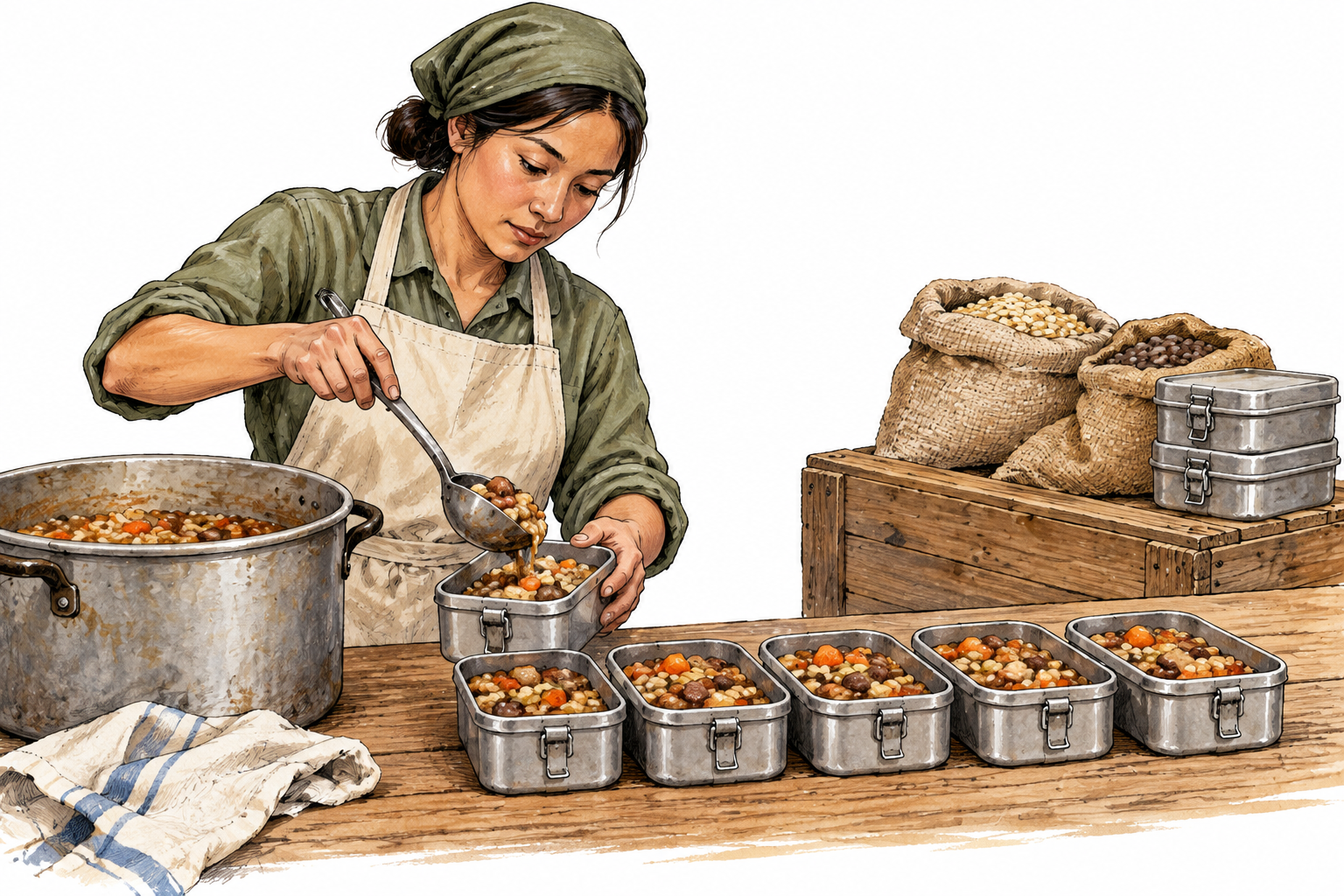 Identical measured food portions are divided into daily ration containers, fixed allowed supplies.