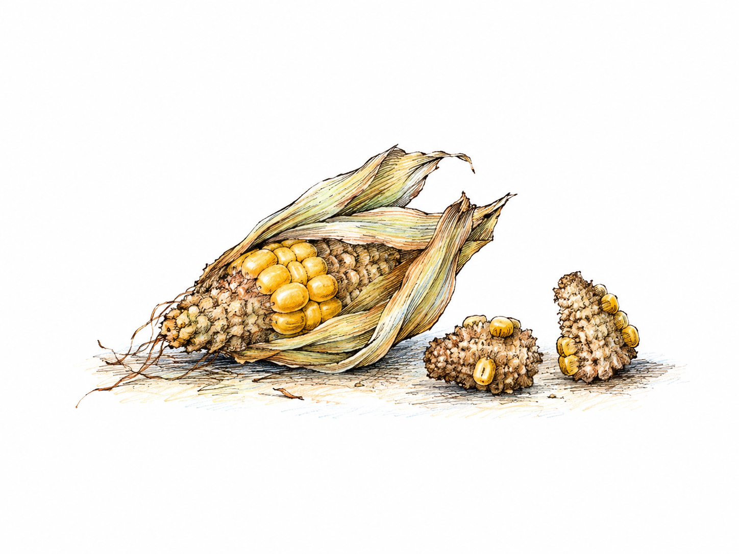 One short stunted ear of corn with only a small cluster of kernels, beside two tiny irregular corn stubs, literal small undeveloped nubbin; no full-size abundance scene.