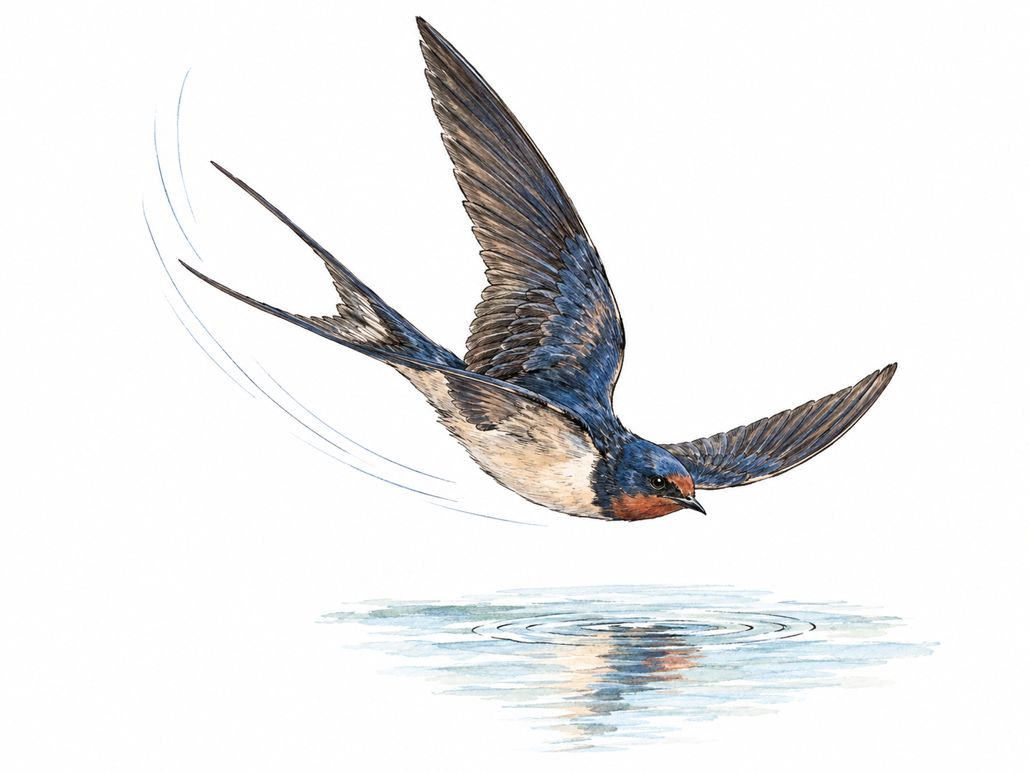 A single swallow swoops sharply downward and forward just above a small patch of water, its banked wings and descending body angle making the sweeping motion clear.