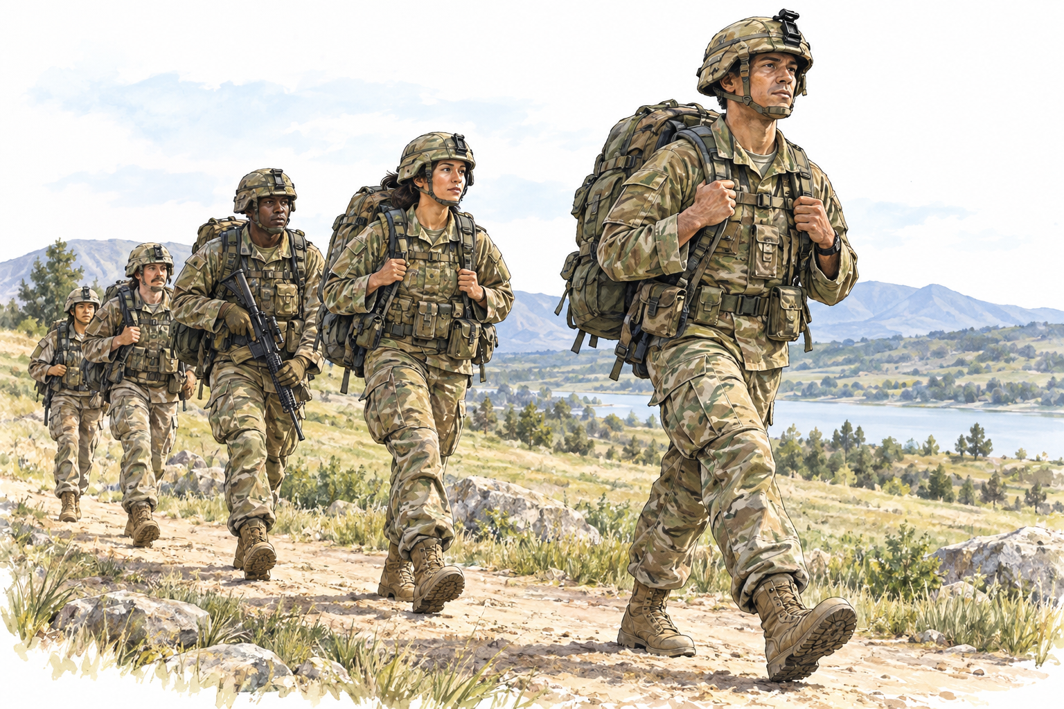 Adult infantry soldiers march on foot carrying packs in a training field; no battle or injuries.