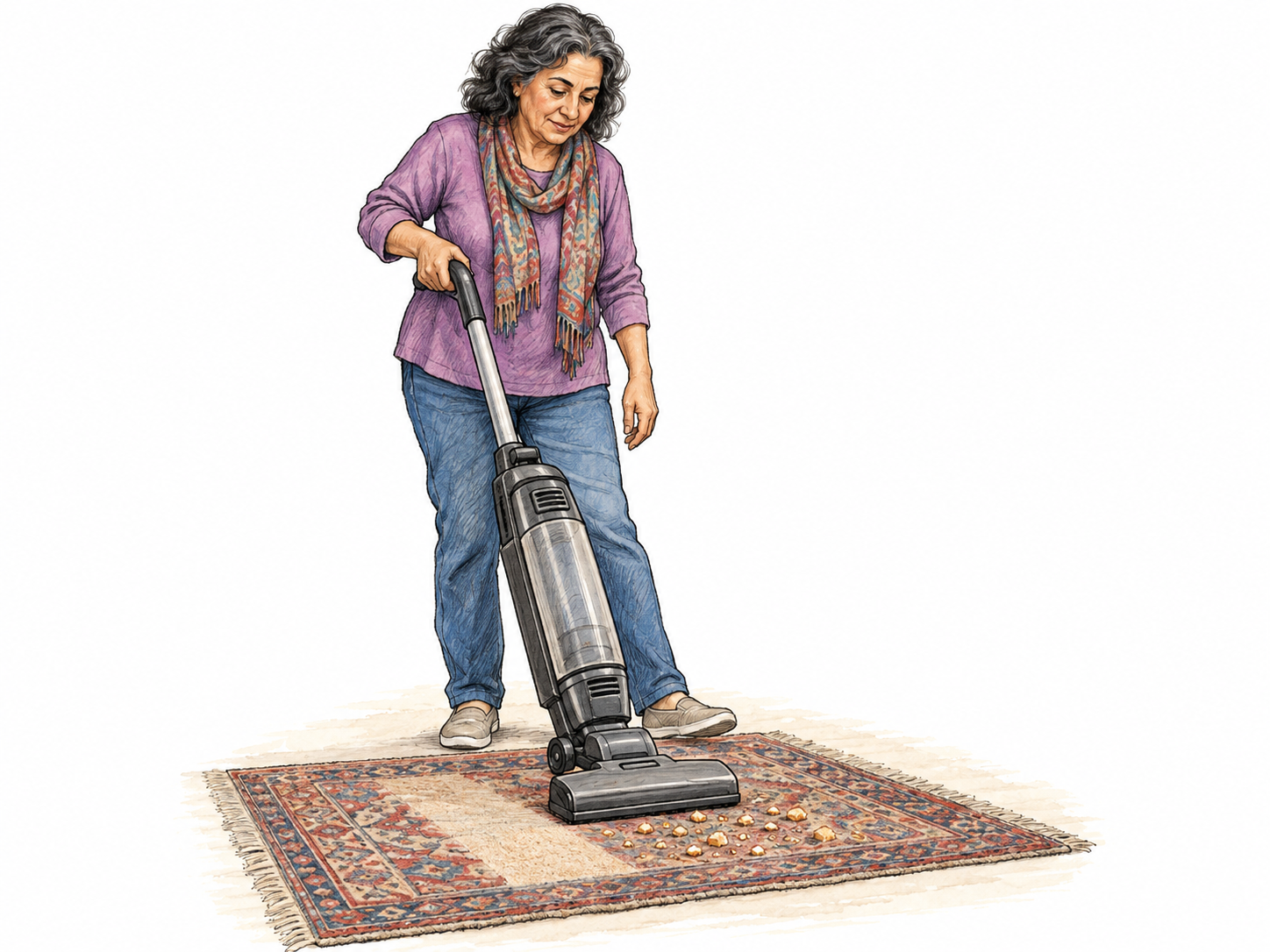 An older woman actively pushes a vacuum cleaner across a rug, with crumbs ahead of its floor head and a clean strip behind it.