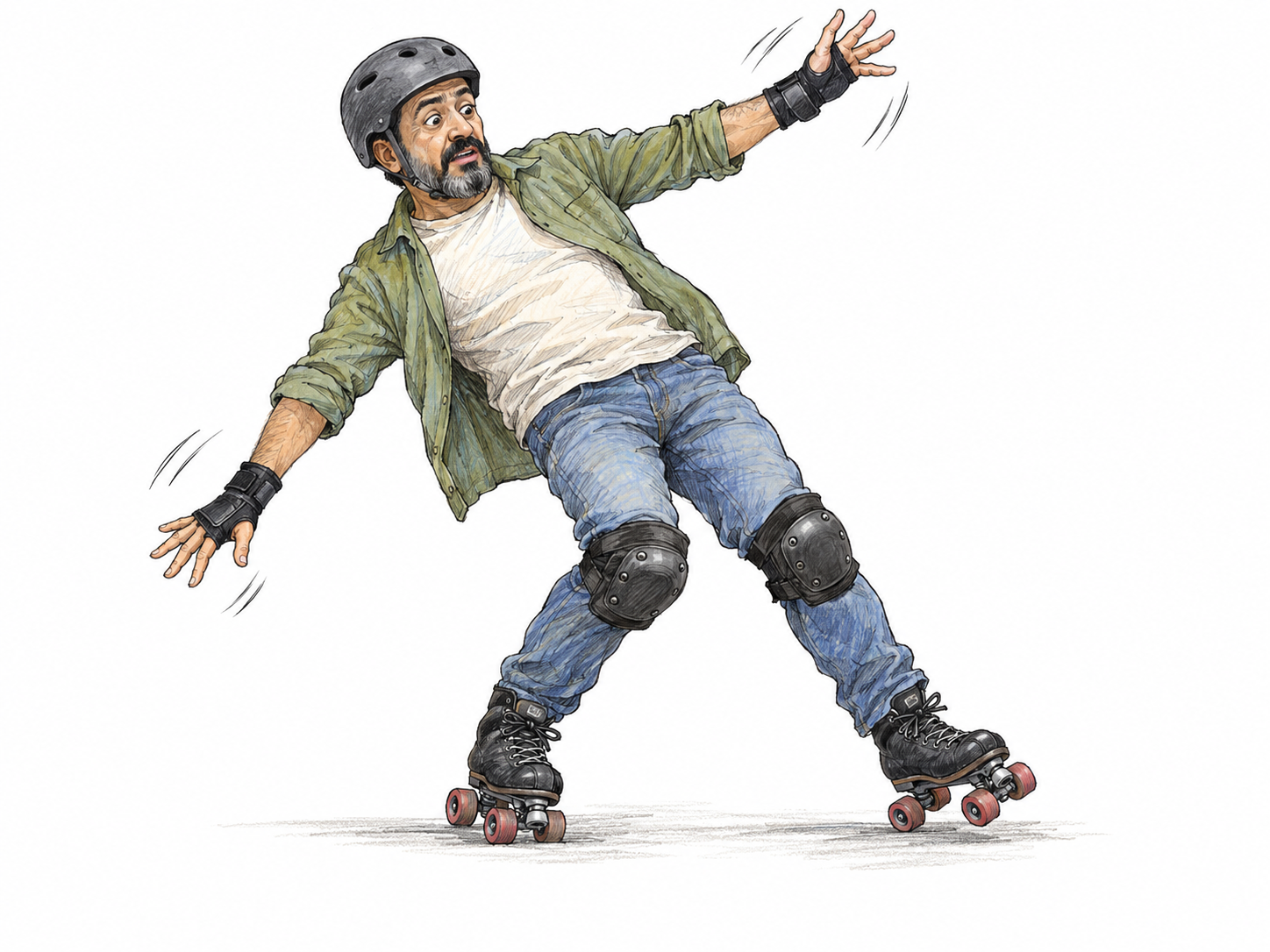 An off-balance roller skater swings both arms as his skates splay apart.