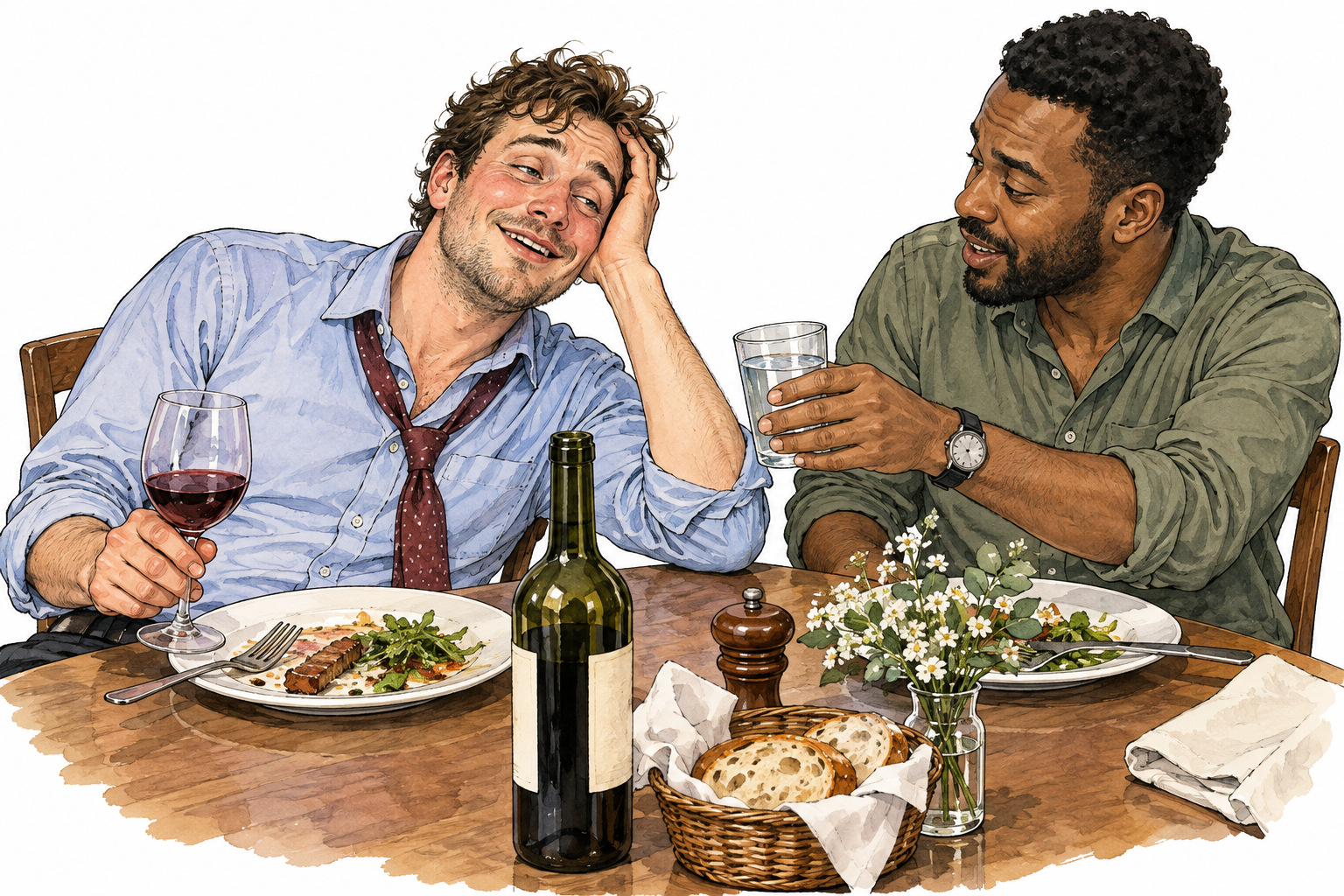 Adult man becomes visibly tipsy after wine at dinner, slouched unsteady posture and unfocused gaze, friend offers water; no driving.