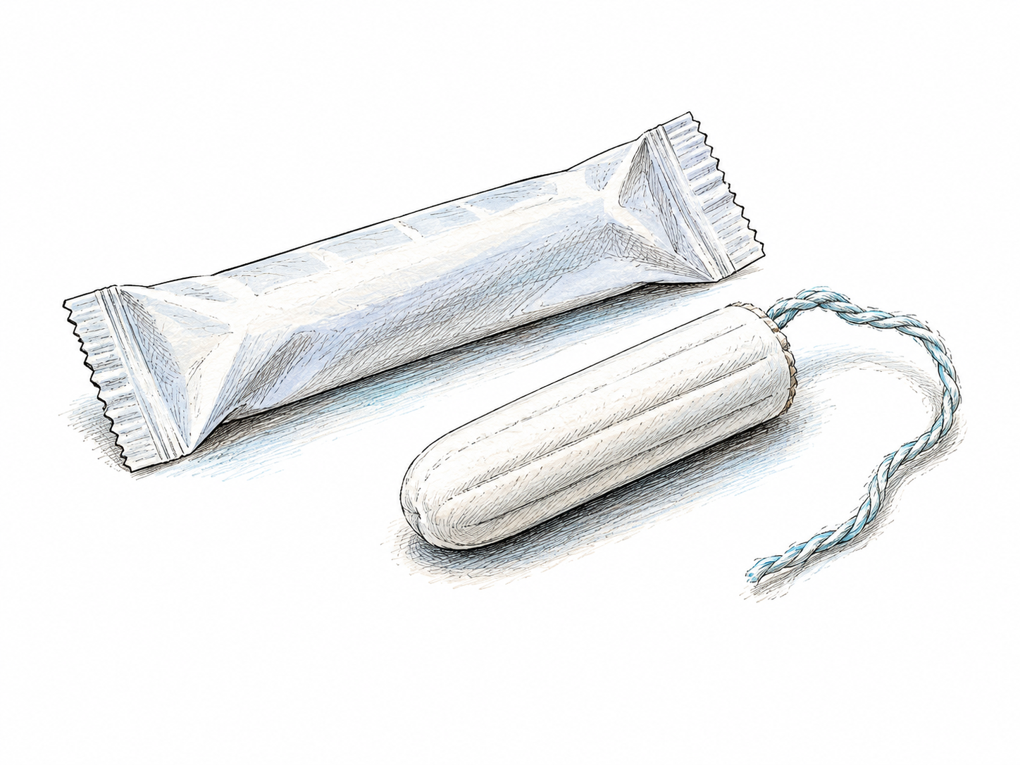 Unwrapped clean white cotton menstrual tampon with attached withdrawal string beside plain blank wrapper, correct small cylindrical absorbent plug; clinical product still life, no body or blood.