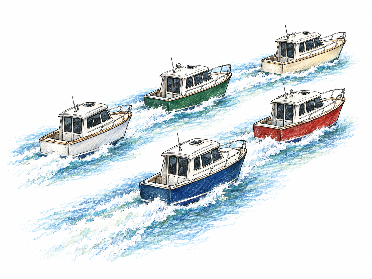 Five small cabin motorboats travel together in a loose, compact formation across open water, all pointing the same way with distinct trailing wakes.