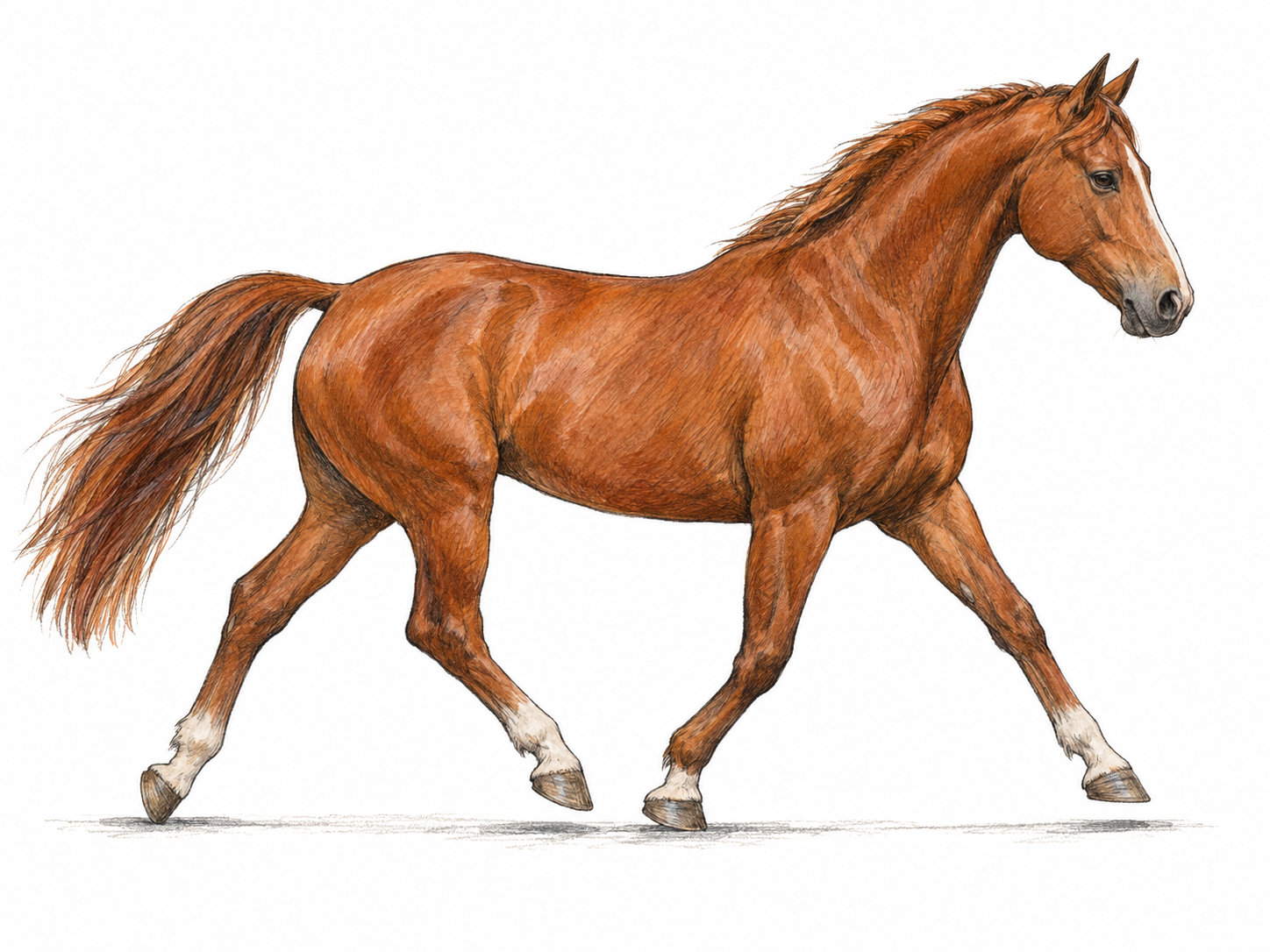 A horse moving in a relaxed, unmistakable two-beat trot, shown side-on with one diagonal pair of legs supporting it and the opposite diagonal pair swinging forward.