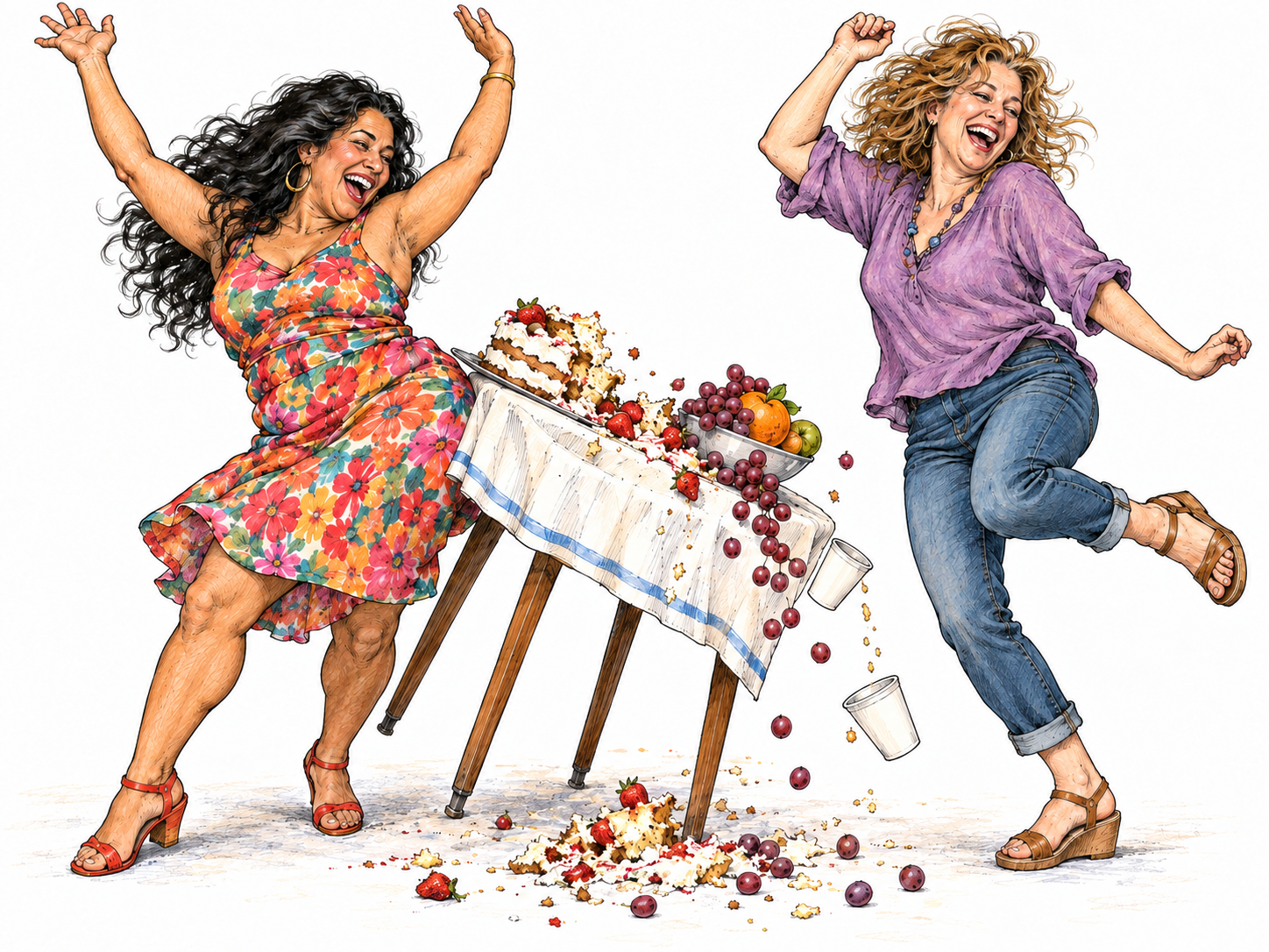 Two adults in an exuberantly excessive dance celebration, laughing with abandon as their flailing movement overturns a party table and sends cake, fruit, and cups tumbling.