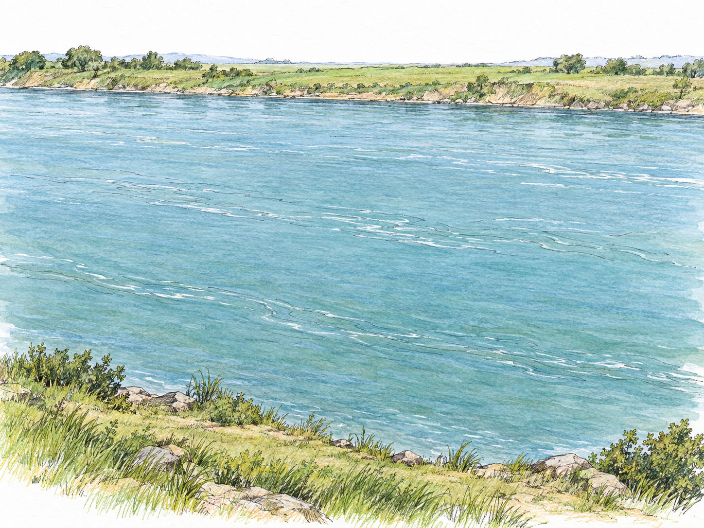A broad river seen from a slightly elevated angle, with both banks clearly visible and widely separated, emphasizing its great side-to-side distance.