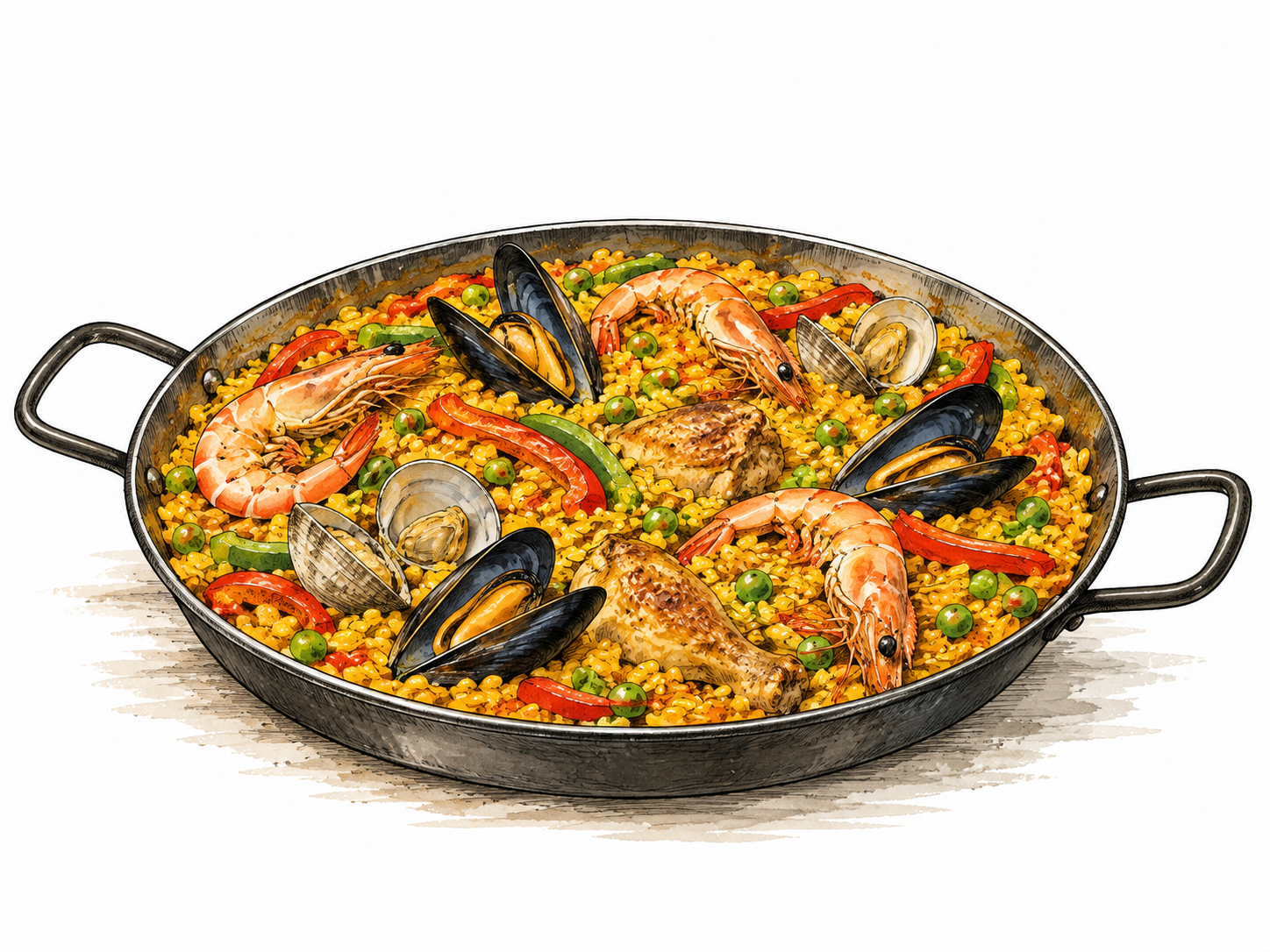 A wide paella pan of golden rice with seafood, peas and peppers.