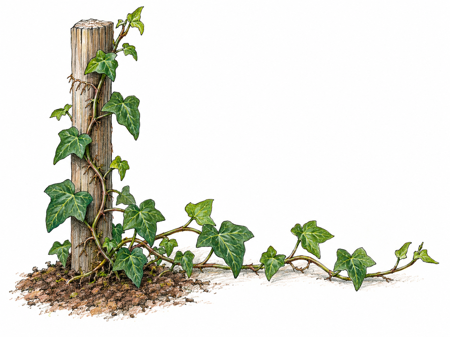 A rooted ivy plant trails across a small patch of ground and climbs a simple wooden support, with attached stems and aerial rootlets clearly visible.
