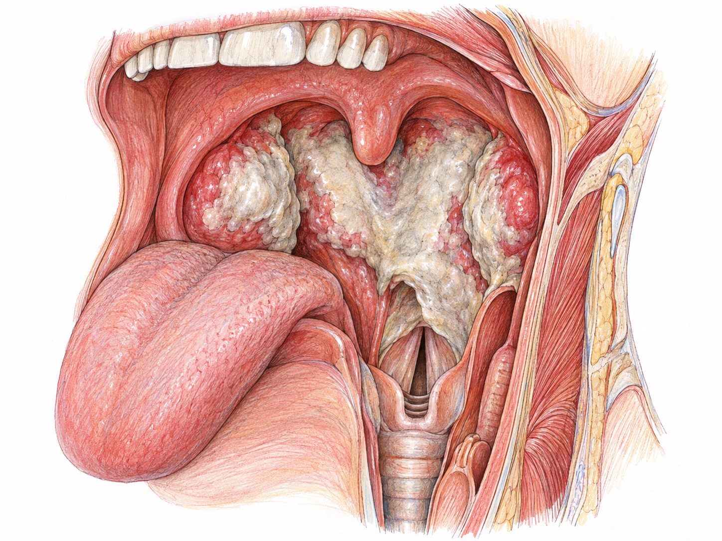 A single unlabeled anatomical cutaway of an infected throat, emphasizing the thick gray-white pseudomembrane coating the tonsils and pharynx and narrowing the upper airway.