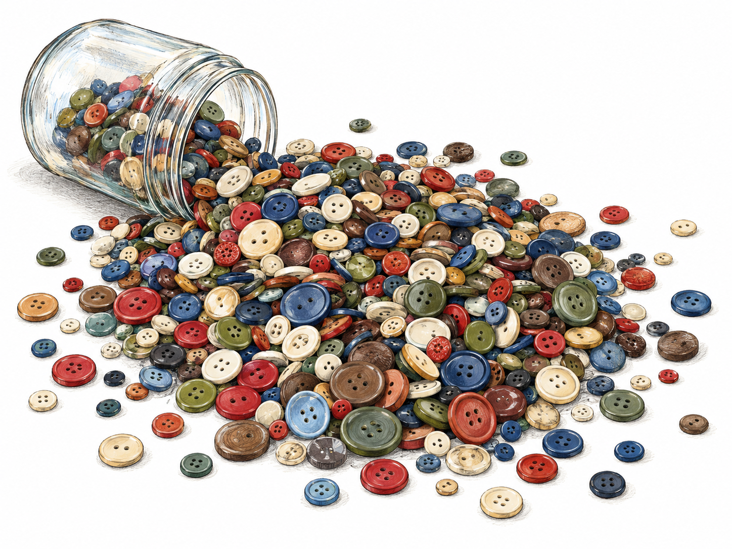 A very large heap of small, colorful buttons spilling from an overturned plain jar, with many individual buttons clearly visible around the edges.
