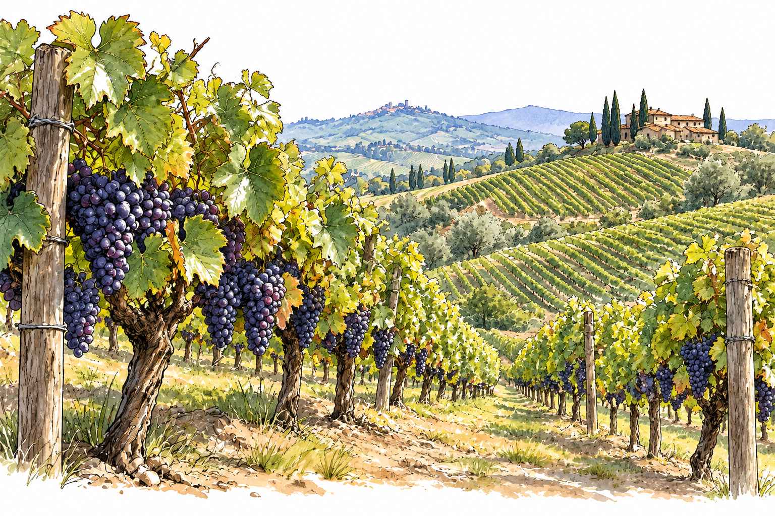 Rows of grapevines heavy with ripe grapes across vineyard hillside, farm landscape, no signs.