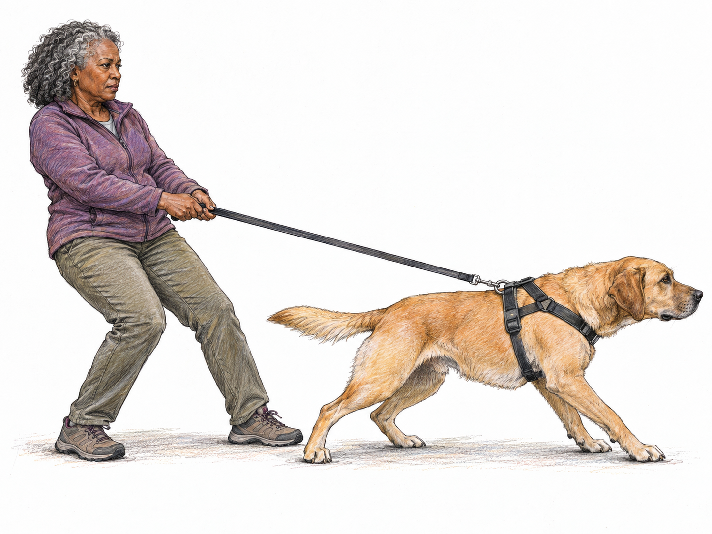 An older woman resists a large dog's pull on its leash, planting her feet and leaning backward while the dog strains in the opposite direction.