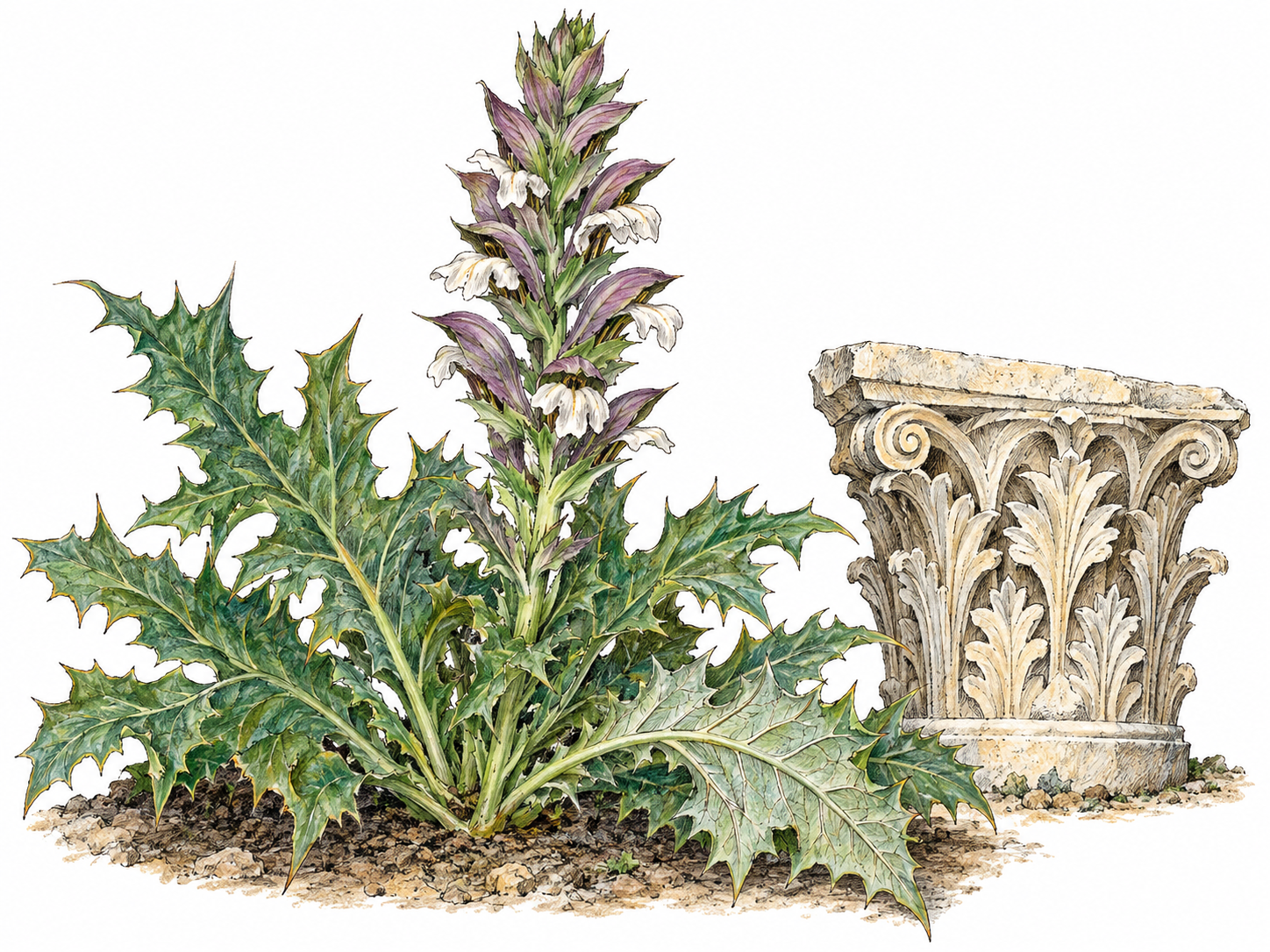 A living spiny acanthus plant beside a small classical Corinthian capital fragment whose carved foliage visibly echoes the plant's deeply lobed leaves.