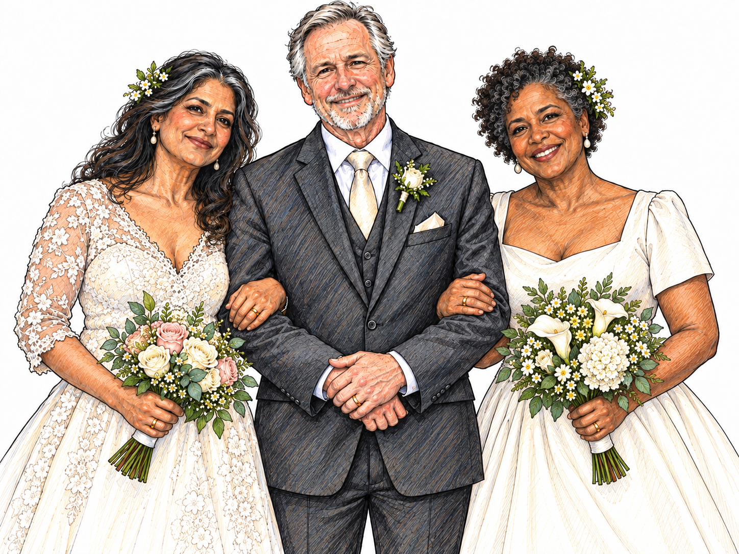 A single wedding portrait with one groom and two brides, visibly presented as a shared marriage rather than two separate couples.