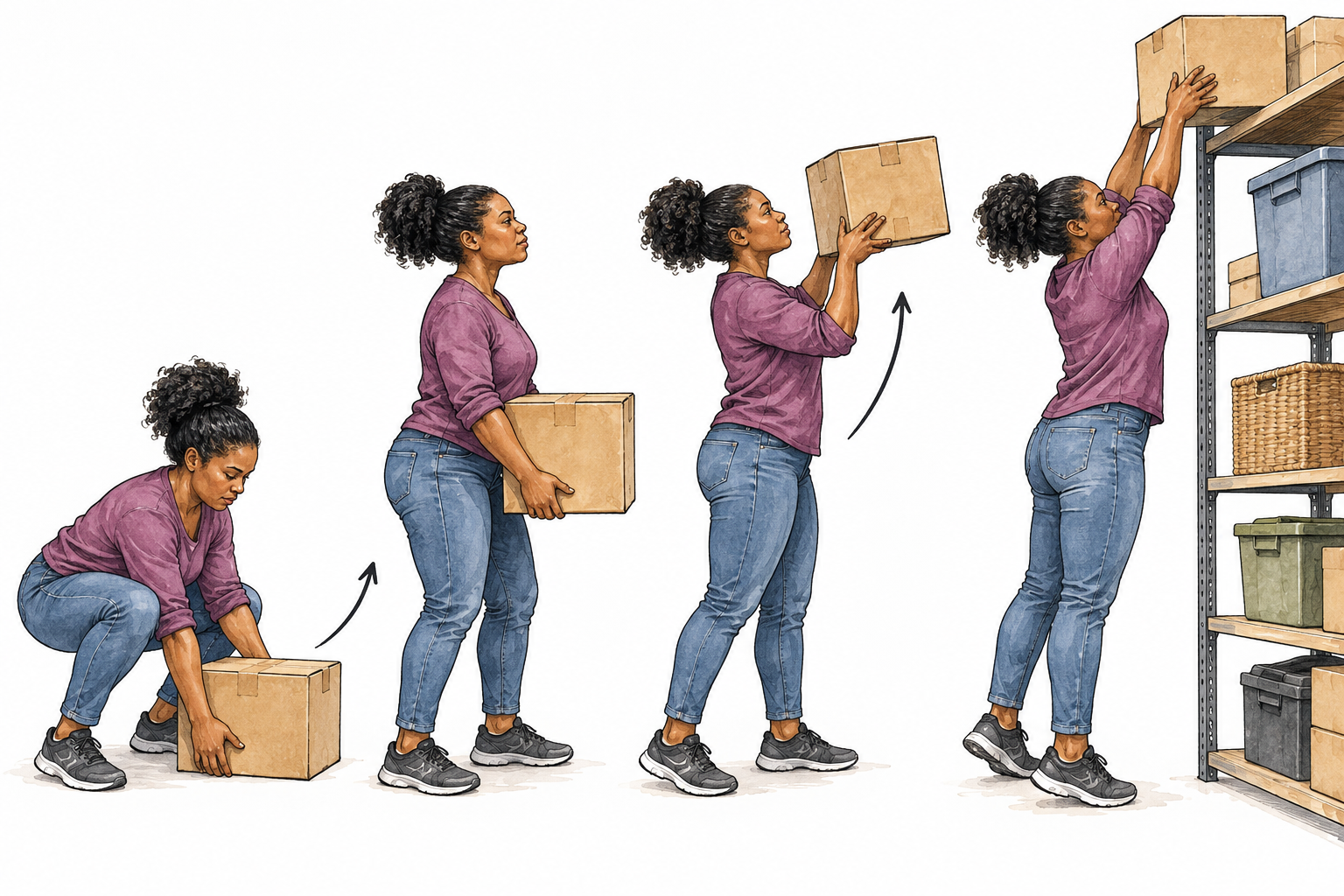 Black woman lifts box from floor to high shelf, clear upward action and sound body posture.