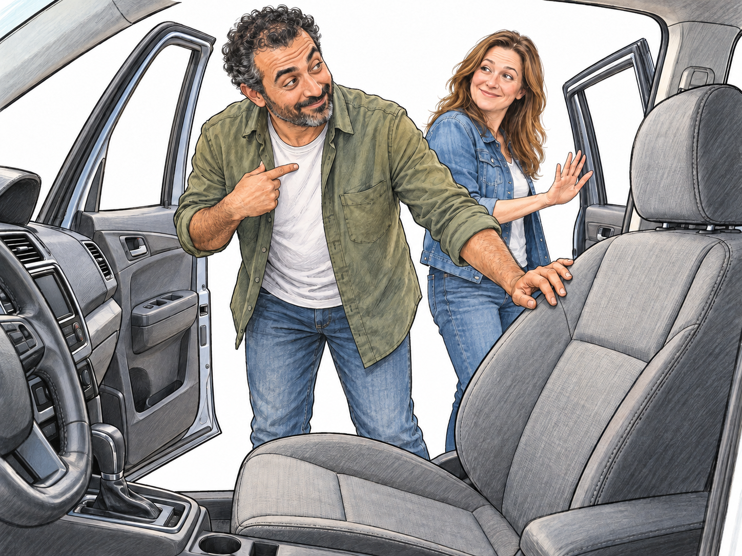 Dibs on the front passenger seat: before anyone sits down, one companion visibly claims the desirable seat while the other yields and moves toward the rear.