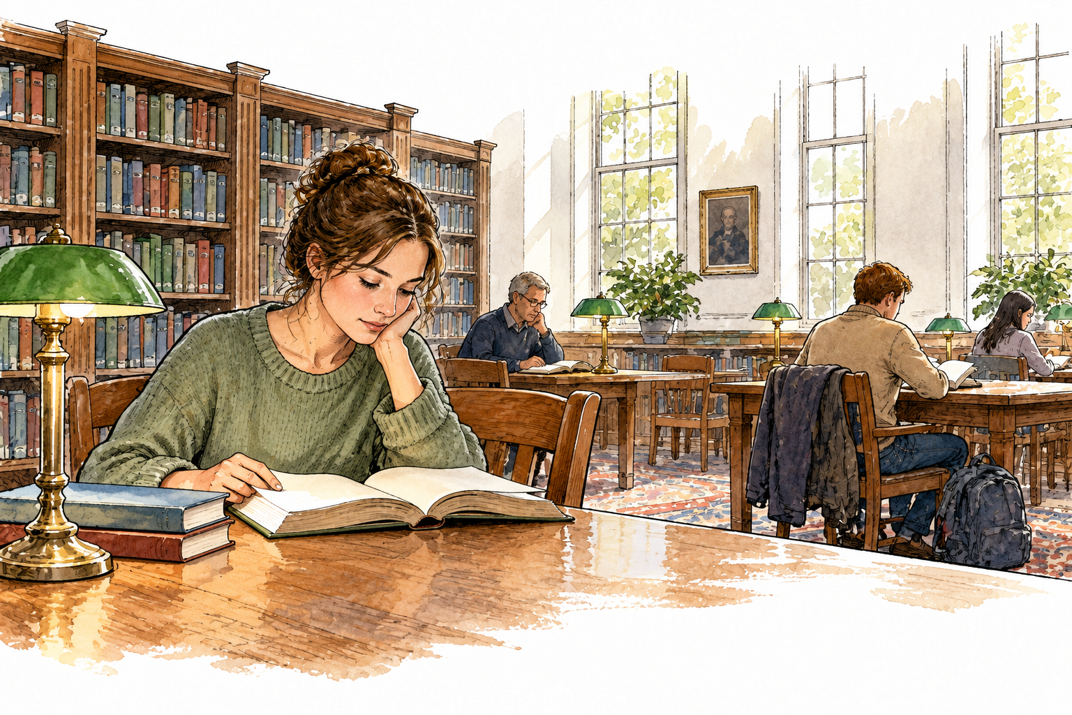 A person reads peacefully in a quiet library while others sit silently, calm low-noise scene, blank books no text.