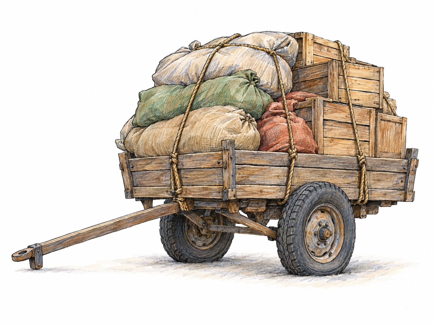 A small wooden handcart laden with tightly packed sacks and stacked crates, its heavy load visibly compressing the tires.