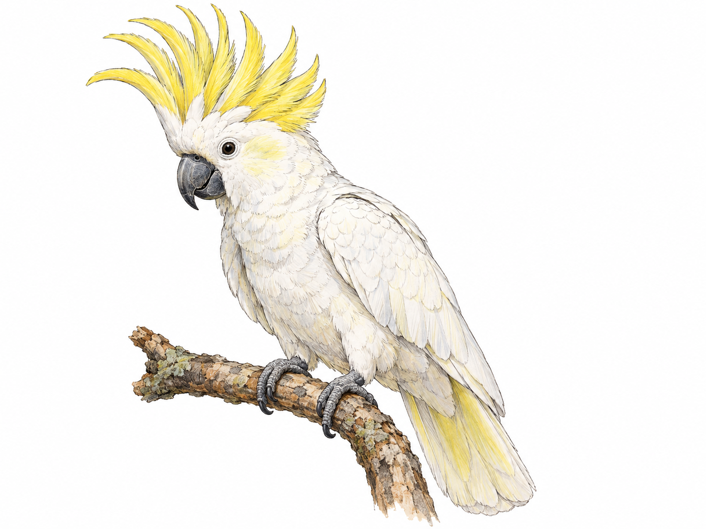 A single sulphur-crested cockatoo perched on a short branch, with its yellow crest fully raised, white plumage and hooked dark beak clearly visible.