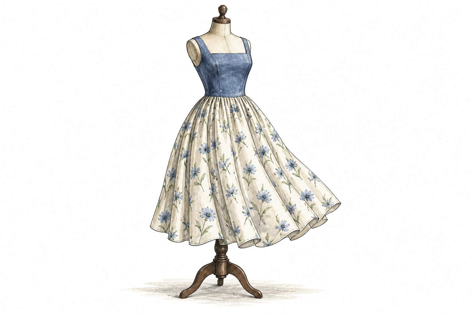 Tailor's dress form wearing a dress whose fitted upper bodice is distinct from flowing skirt.
