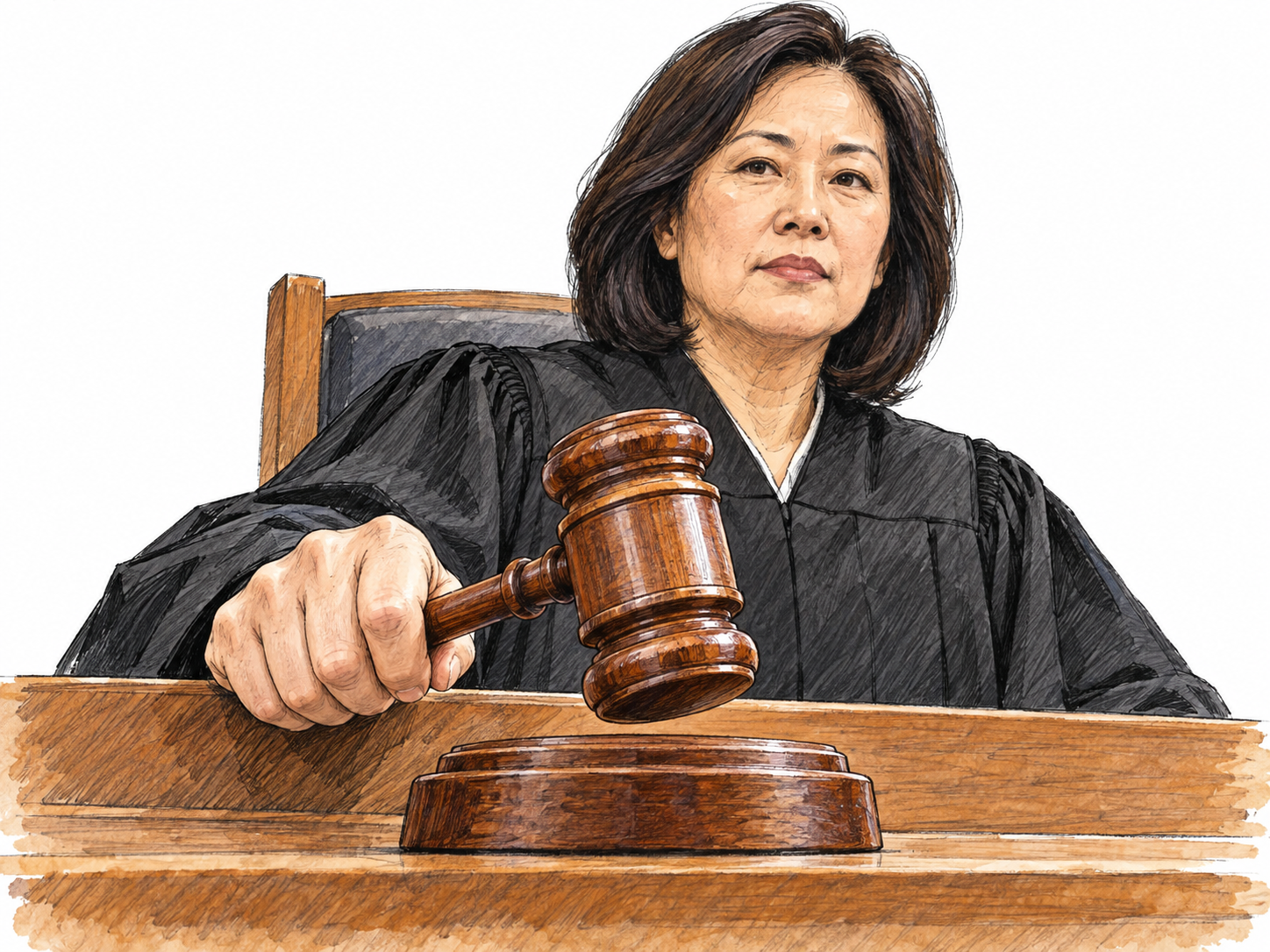 A close, clearly readable view of a small wooden gavel and its round sounding block on a presiding judge’s bench, with the judge holding the gavel just above the block.