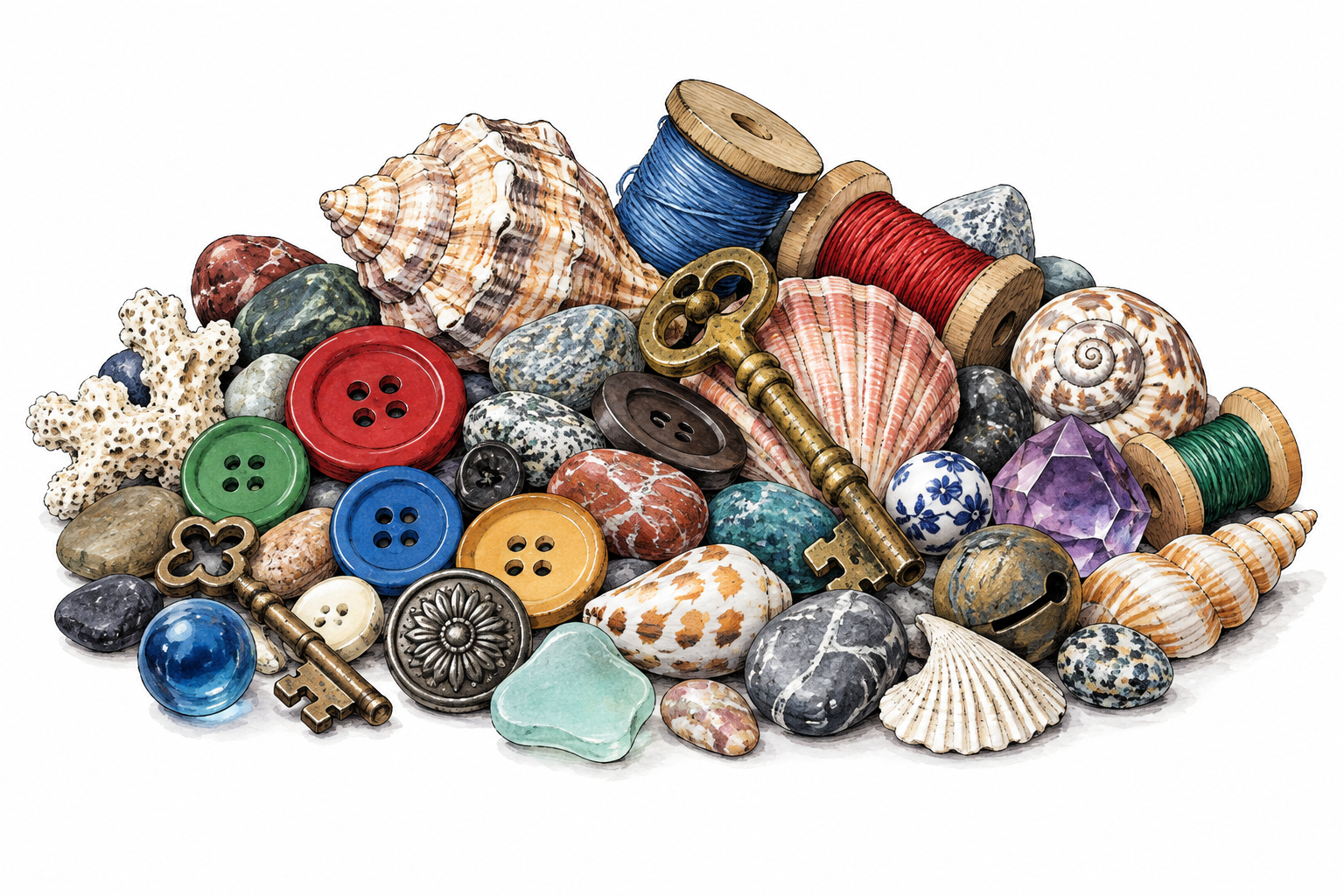 Colorful diverse objects buttons keys stones spools and shells gathered into one mound.