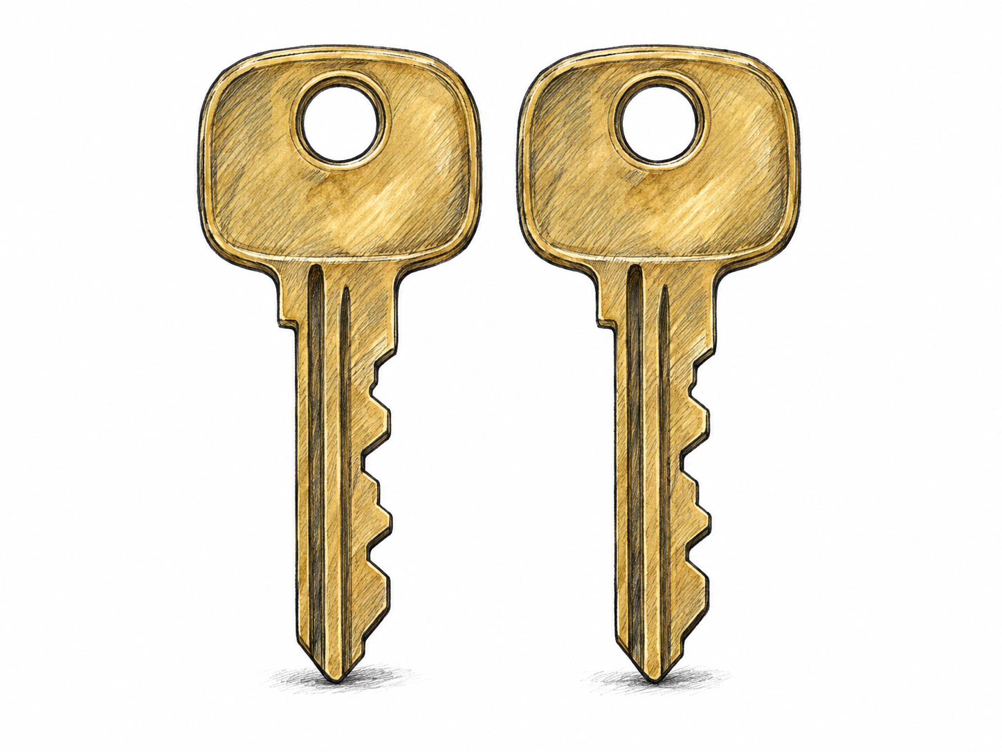 Two identical brass keys lie side by side in the same orientation, making an exact counterpart immediately visible through matching distinctive cuts and bow shapes.