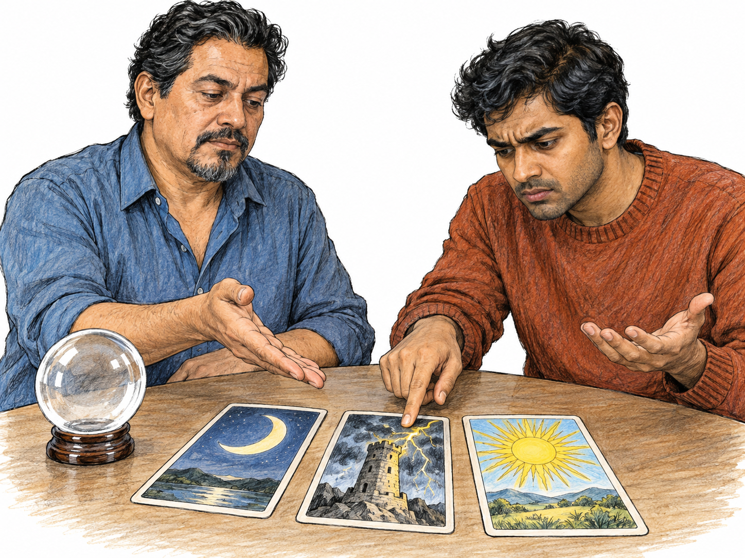 An enigmatic fortune-telling consultation: a composed reader presents a small spread of symbolic cards while his visitor struggles to reconcile their contrasting images.