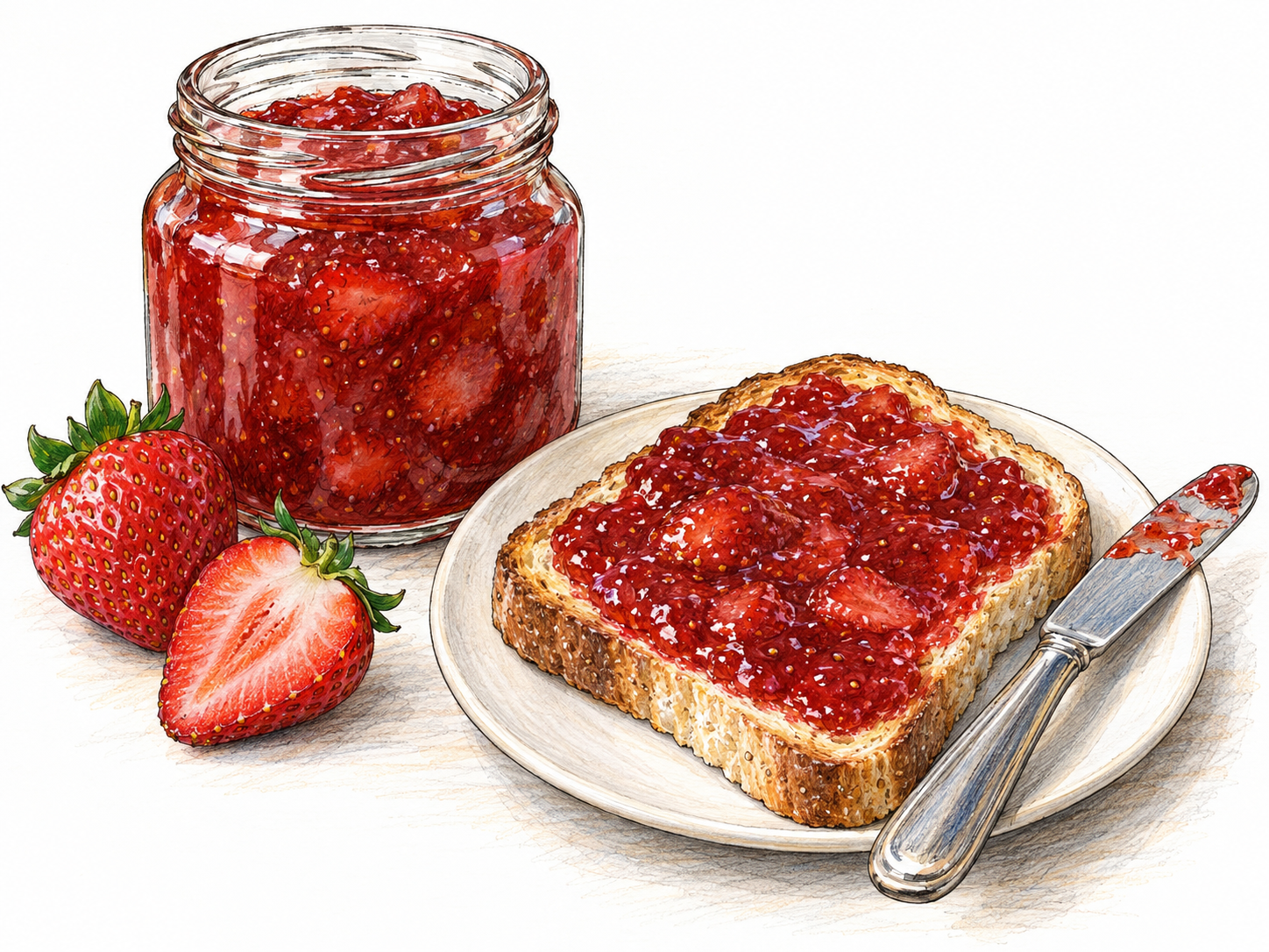 An open jar of strawberry jam beside toast thickly spread with the same glossy, fruit-speckled preserve, with a few fresh strawberries identifying the fruit.