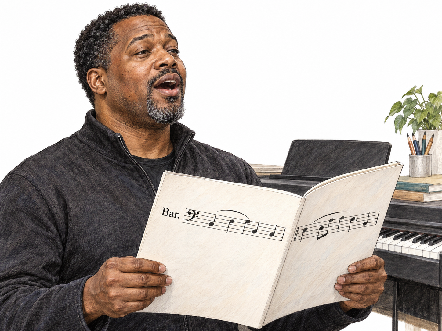An adult male singer performs from a baritone vocal score.