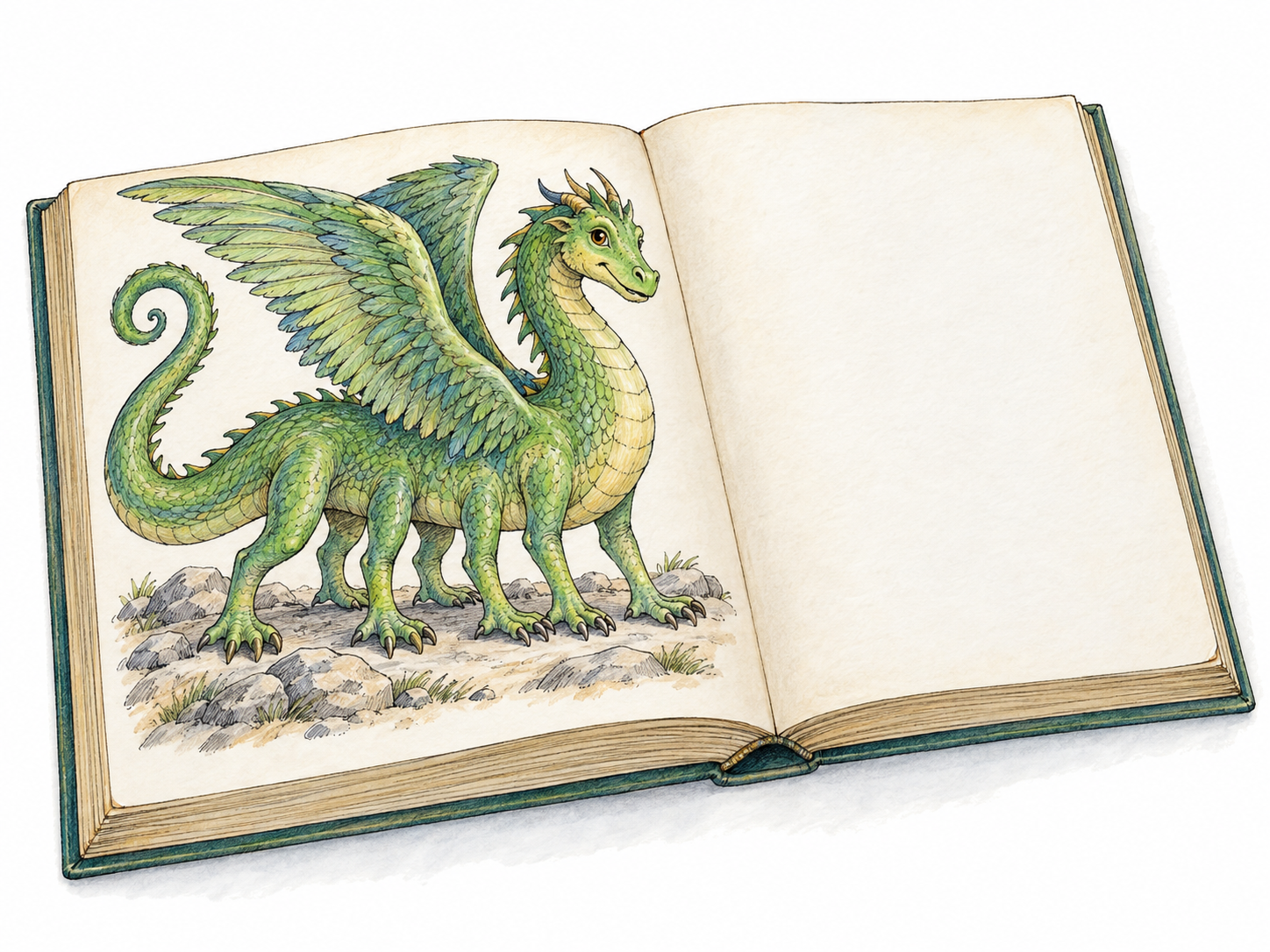 An open, wordless storybook depicts a plainly imaginary creature: a green dragon with feathered wings, six legs, and a curled tail.