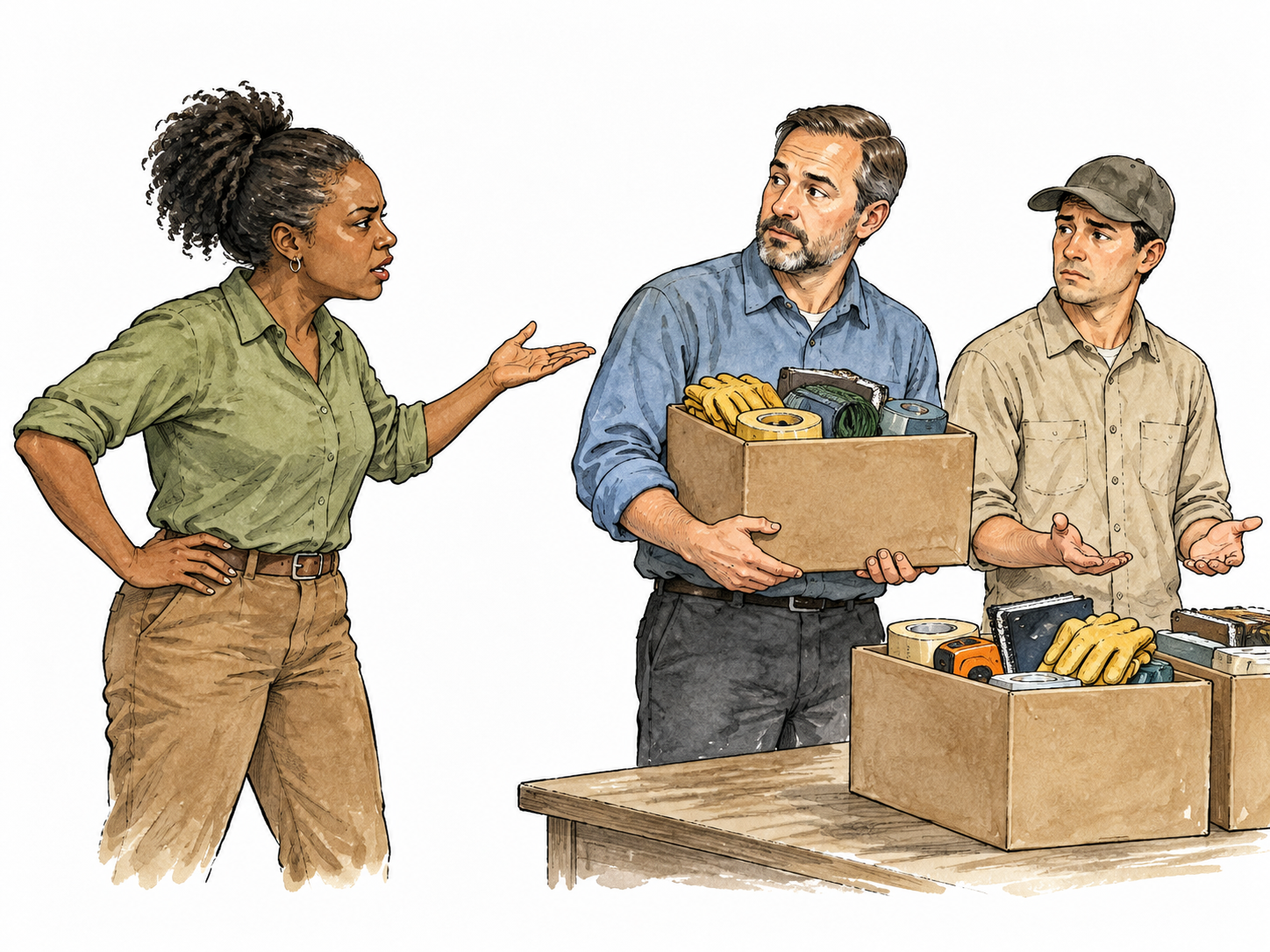 A Black woman reacts with justified anger when one equally qualified worker is unfairly denied a share of supplies.